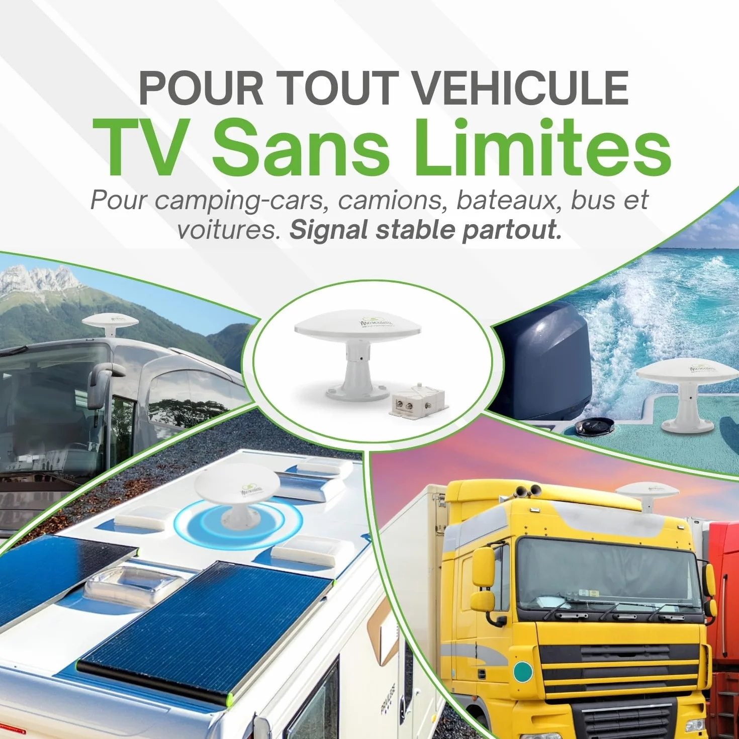 MOSCATELLI Antenne Omnidirectionnelle Terrestre TNT HD - DVB-T/T2 – Dab – 12/24/220 V – Kit Complet avec Câbles et Puissant Amplificateur pour Camping Car, Caravane, Fourgon, Camion, Bateau