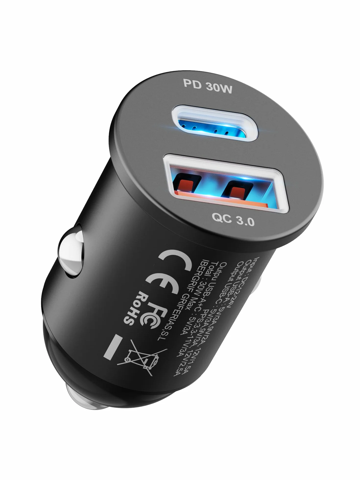 GRIFEMA Chargeur Allume Cigare USB C 30W, Chargeur Voiture Rapide Double Port avec USB-C PD 30W et USB-A QC 3.0 18W, Prise Allume Cigare 12V pour iPhone 16 15 14, Samsung, iPad–Boîtier en Aluminium