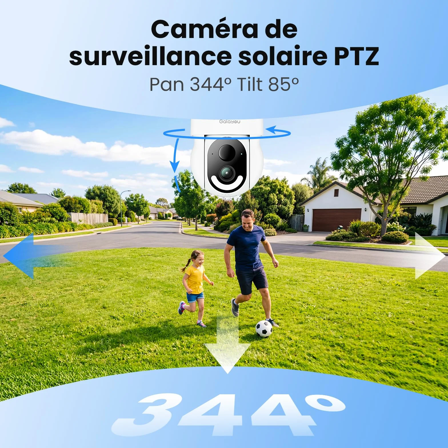 GALAYOU 2K Camera Surveillance WiFi Exterieure sans Fil - Camera Exterieur sans Fil Solaire, 2.4GHz, 360° PTZ Suivi, PIR + Alarme Sonore/Lumière, Audio Bidirectionnel, Vision Nocturne Couleur, IP65