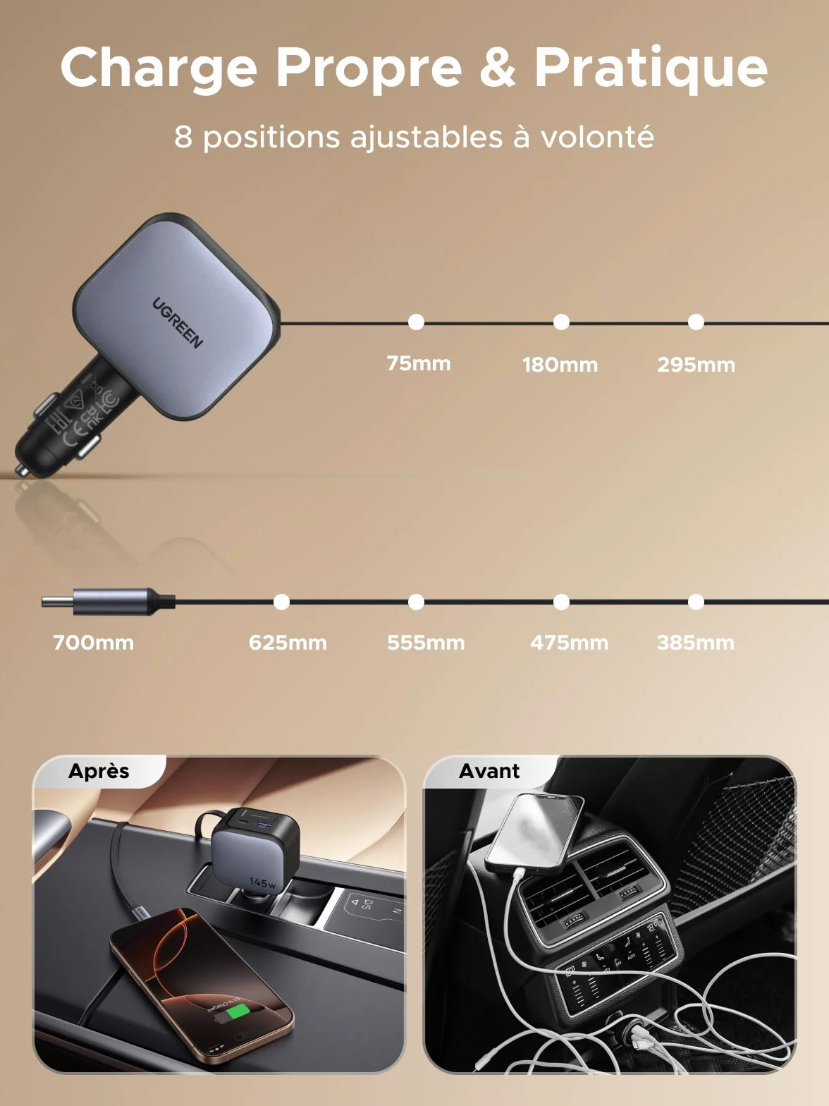 UGREEN Nexode 145W 4 en 1 Chargeur Allume Cigare USB C Rétractable Chargeur Voiture Charge Rapide Compact Compatible avec iPhone 17 Pro Max Air 16 15 MacBook Pro Air iPad Galaxy Tab Galaxy S25 Ultra