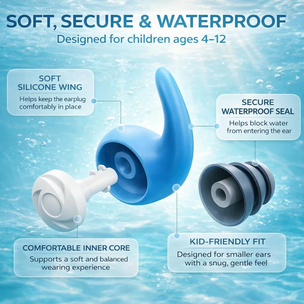 Bouchons d’Oreille Natation Enfant 4-12 Ans 3 Paires Silicone Étanche Cordon Amovible Réutilisables