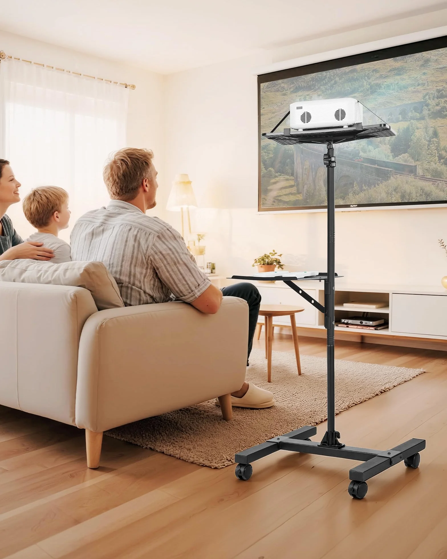 VEVOR Support de projecteur avec roulettes, hauteur réglable 86-136 cm, 2 plateaux, pour cinéma plein air