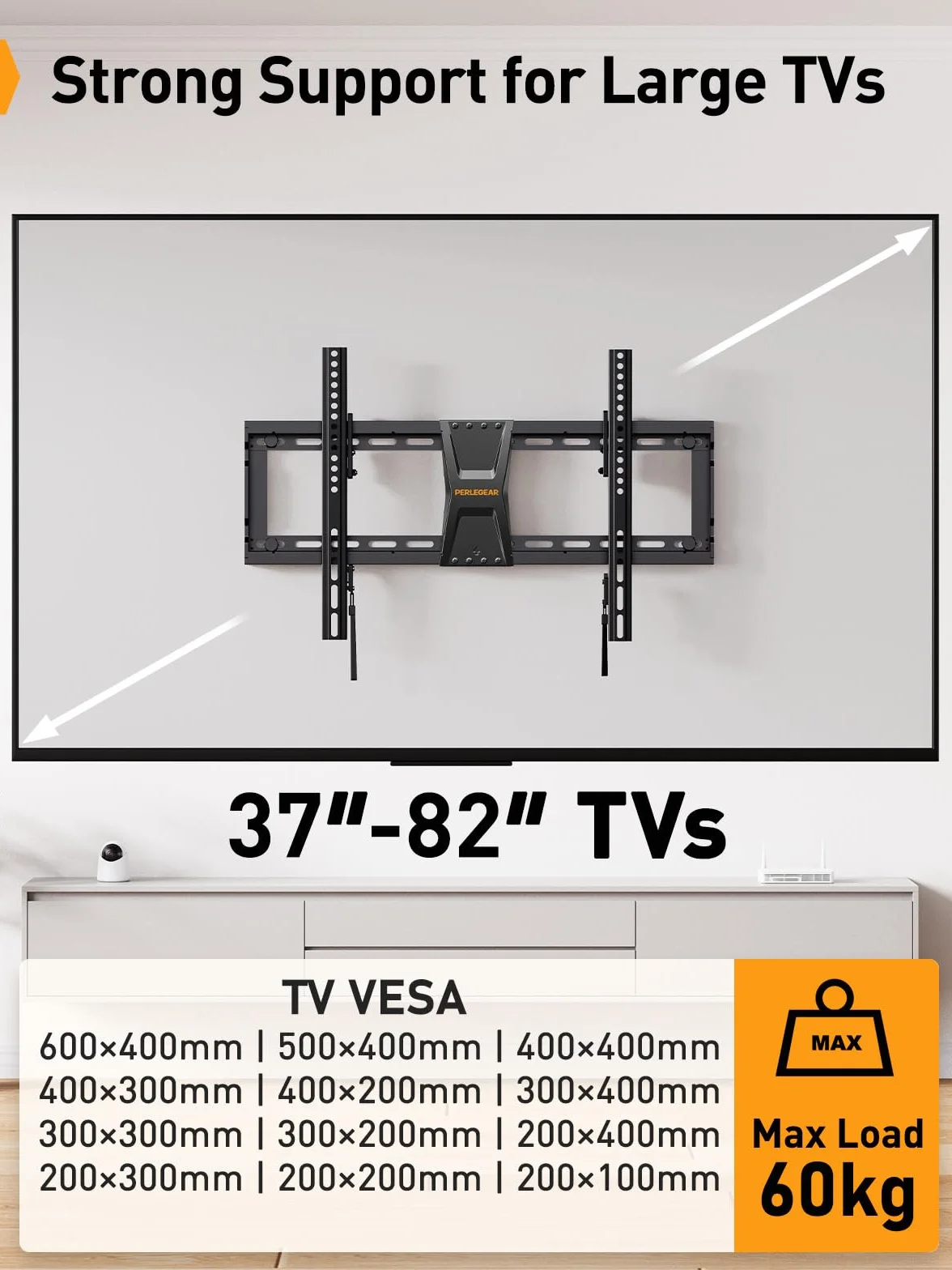 Perlegear Support Mural TV Inclinable pour téléviseurs de 37-82 Pouces Plasma OLED LCD jusqu'à 60 kg, Fixation Murale TV inclinable pour téléviseurs Plats ou incurvés Max VESA 600x400mm, PGLT5