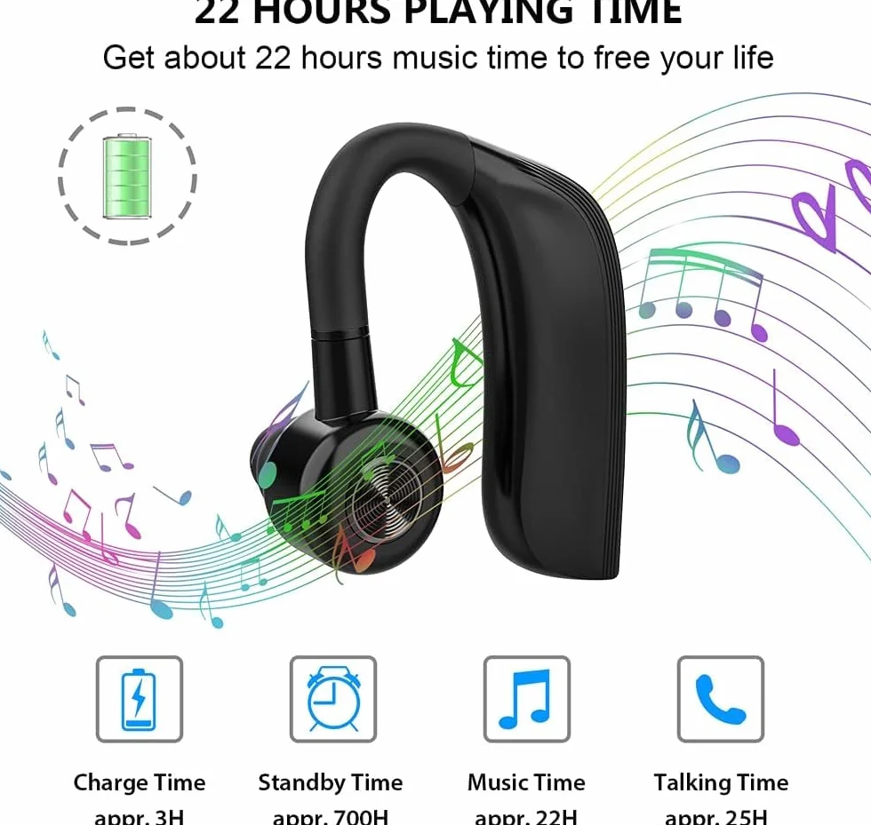 Casque Bluetooth 5.0, Casque Mains Libres D'une Durée de 22 Heures , Oreillette sans Fil Bluetooth avec Suppression du Bruit et Anti-Transpiration IPX4 pour Le Bureau, Les Affaires, La Conduite