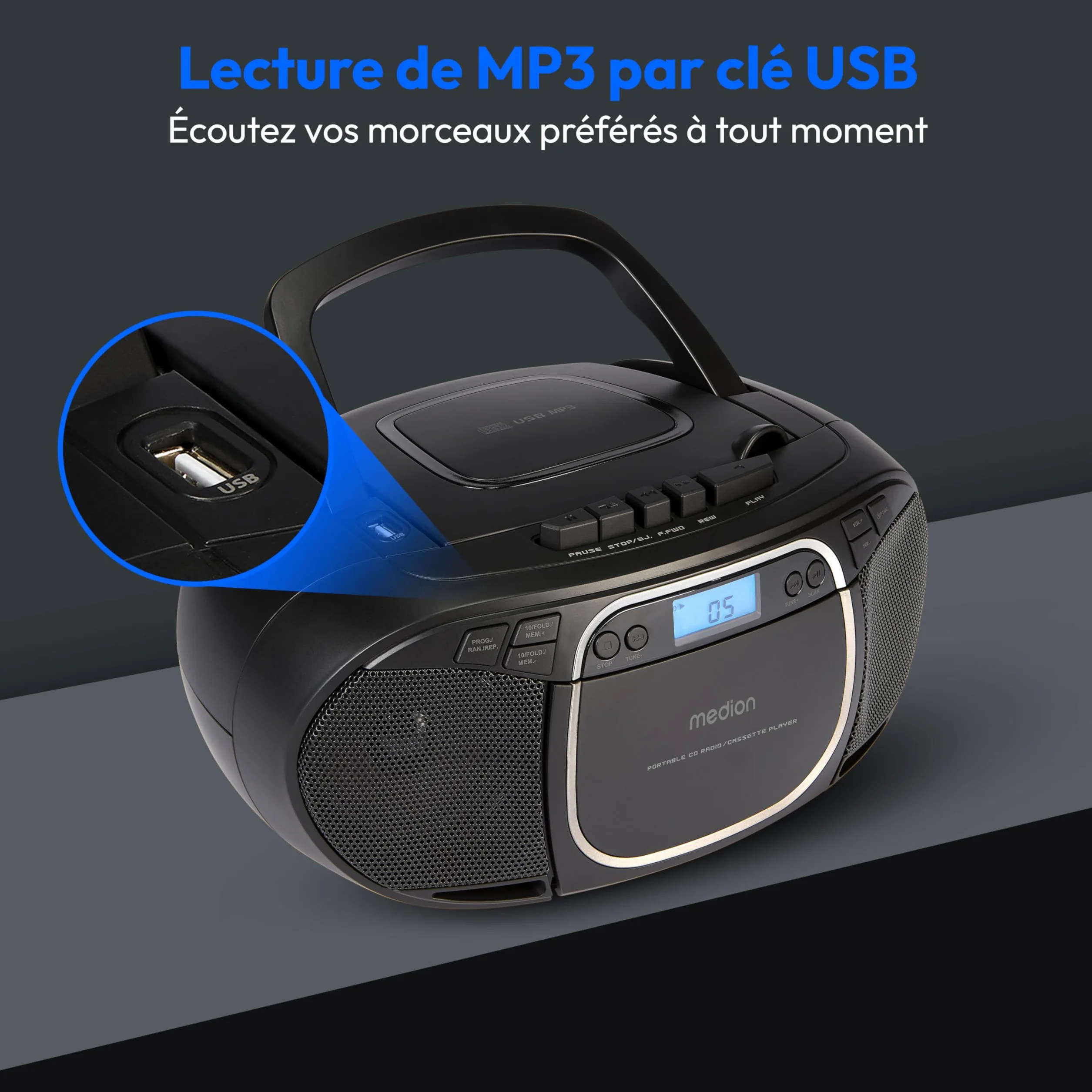 MEDION E66476 Stereo Sound System Boombox CD MP3 Cassette Radio FM AUX Noir