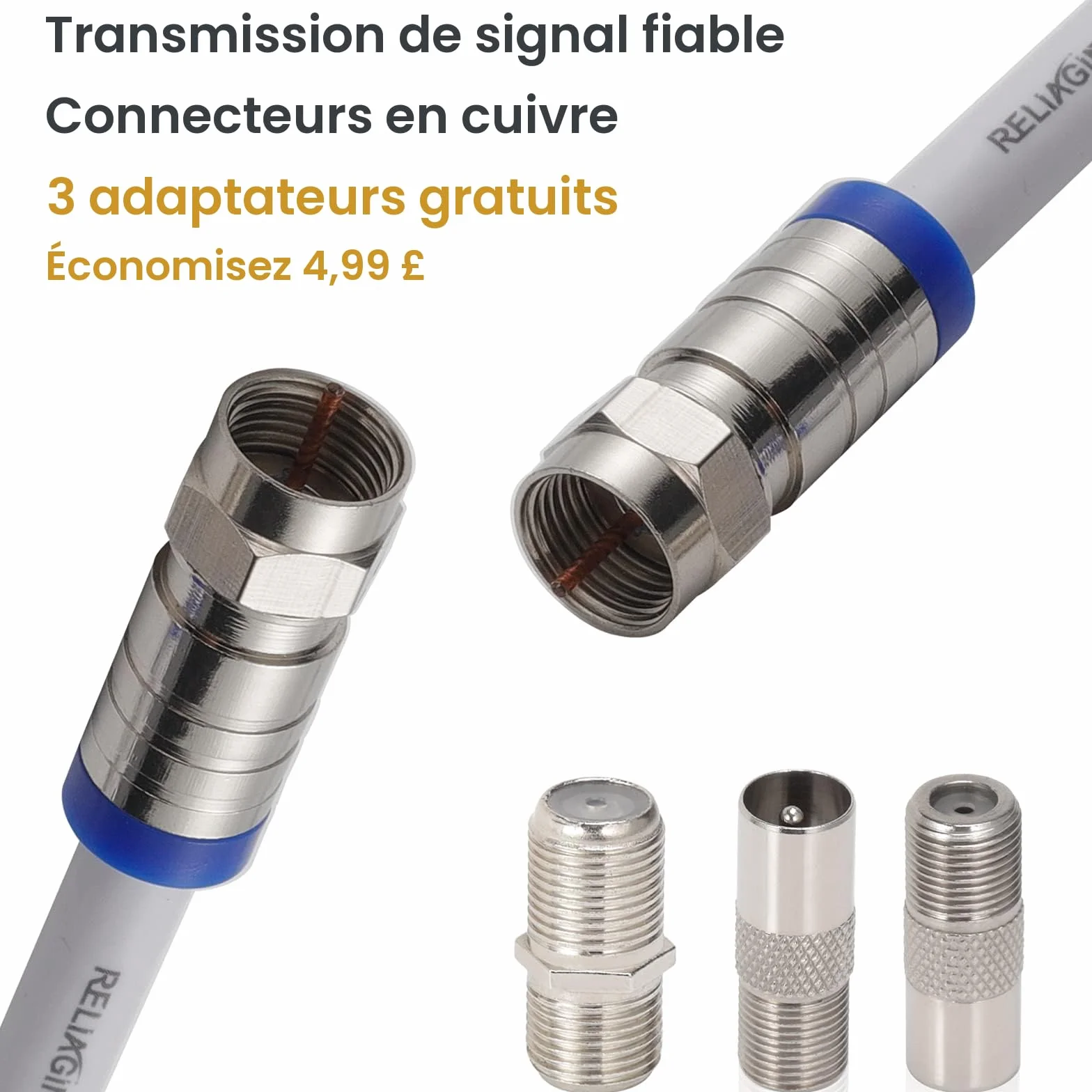 Câble coaxial TV RG6 1m 75 Ohm antenne satellite connecteurs F F81 cuivre étanche 3 GHz blanc