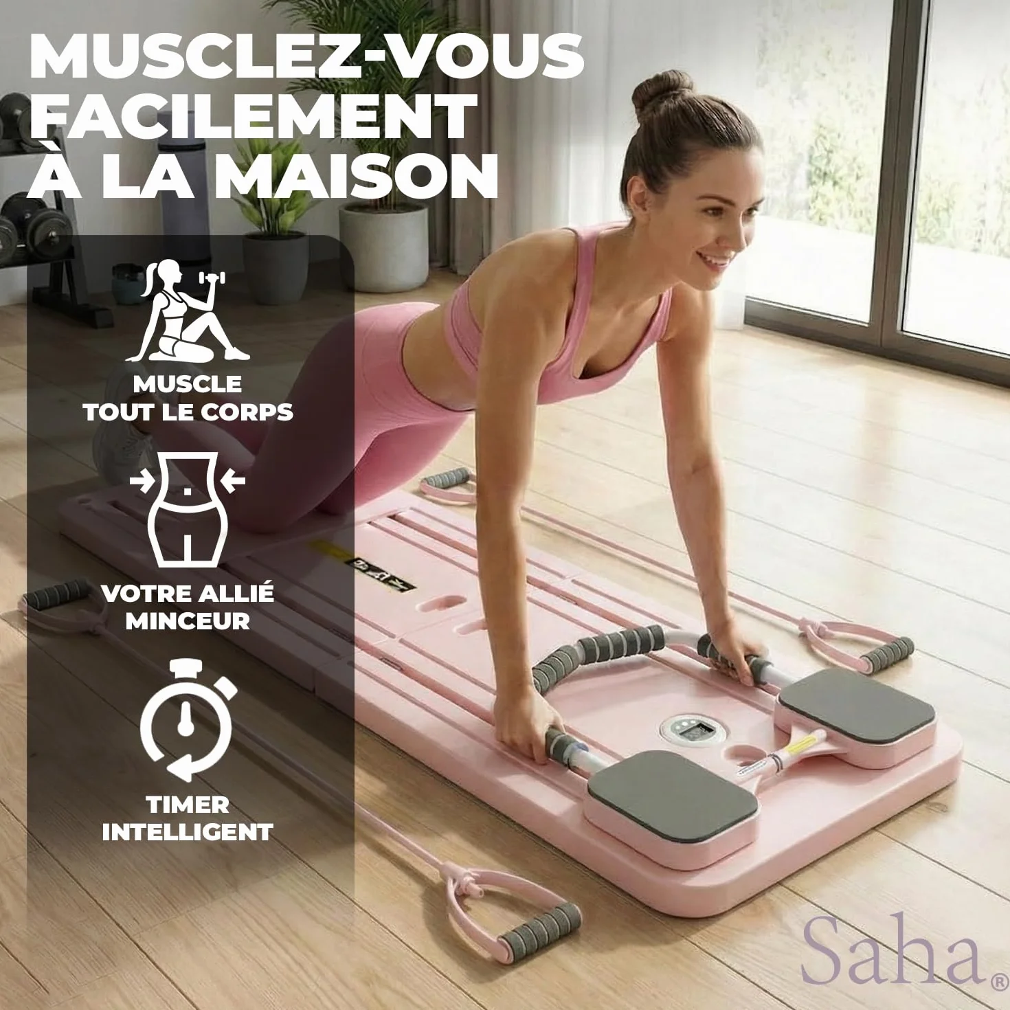 Saha Planche Pilates Reformer Rose Appareil Abdos Fitness Maison Bandes Résistance Poignées Timer Yoga Gainage Musculation