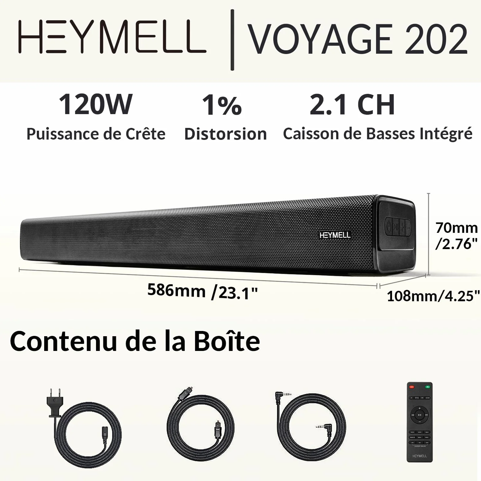 Barre de Son TV 120W 2.1ch Bluetooth 60cm HDMI Arc Caisson de Basse Mural