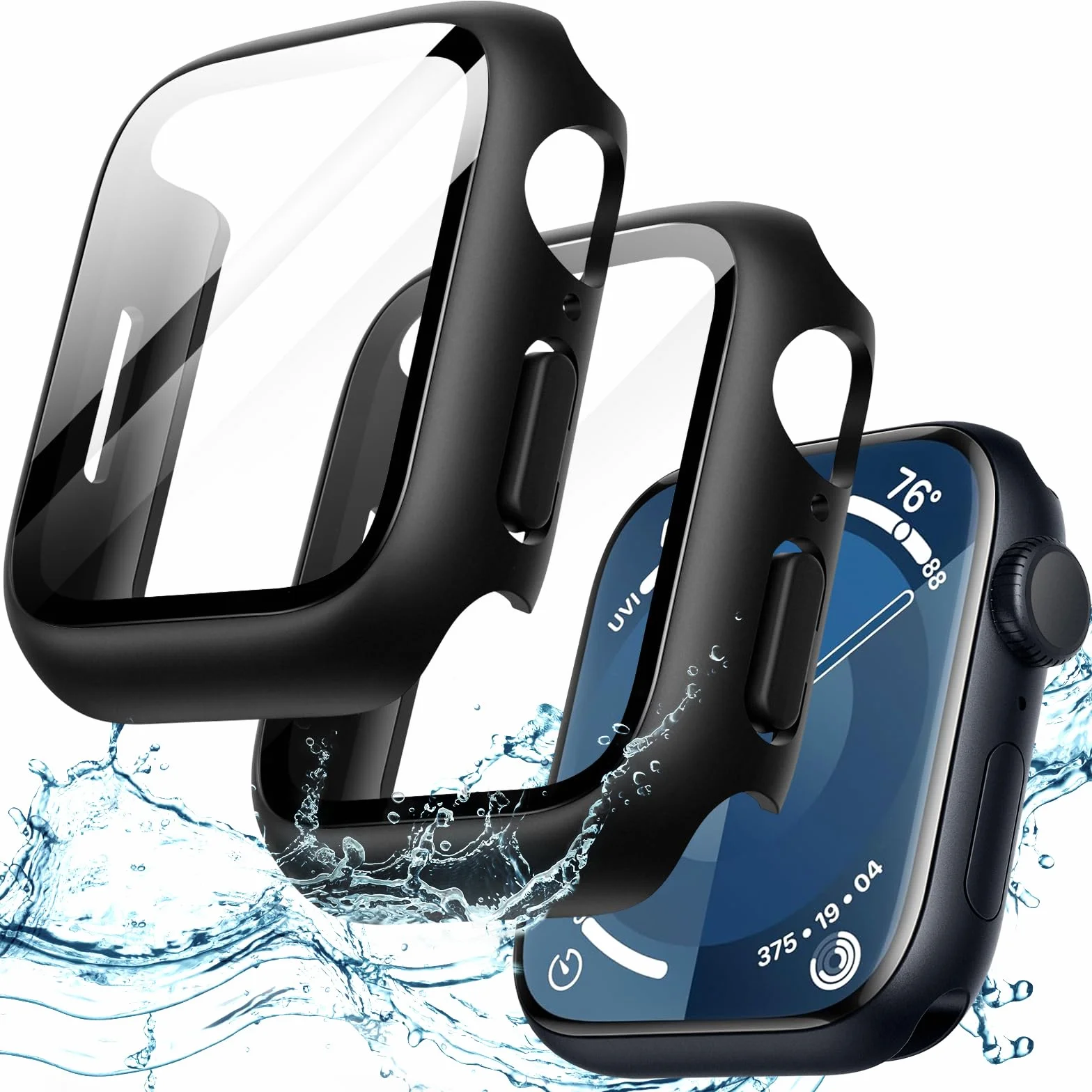 JETech Coque Étanche avec Protection D'écran pour Apple Watch Series 9 8 7 45mm, Film en Verre Trempé Intégré, Étui Housse de Protecteur Complète en PC Dur, Lot de 2 (Noir)