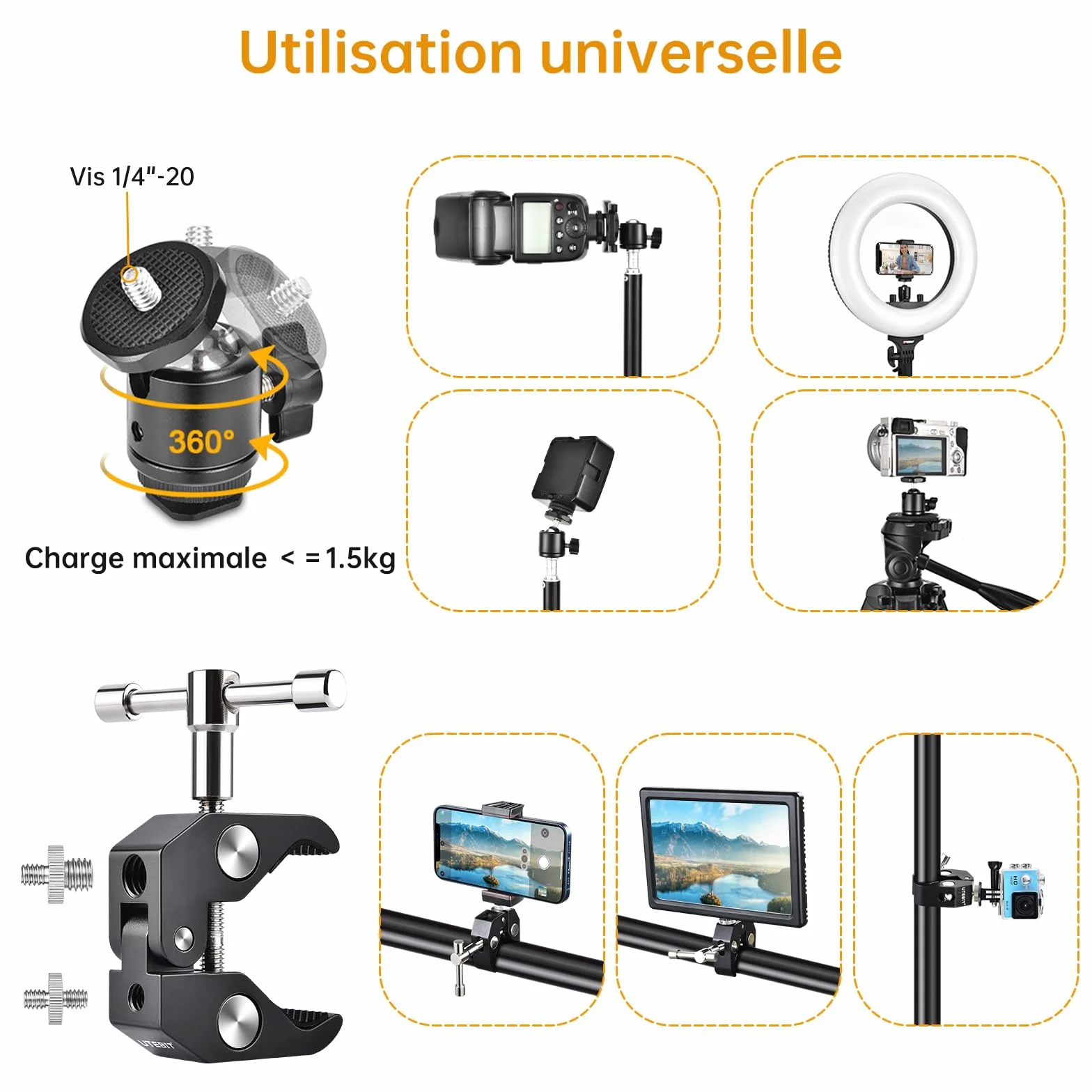 UTEBIT Pince Trépied Bras Magique, Super Clamp avec Rotule Pivotante à 360° en Alliage Aluminium, Bras Articulé Support pour Appareil Photo, Lampe Vidéo, et Caméra Action