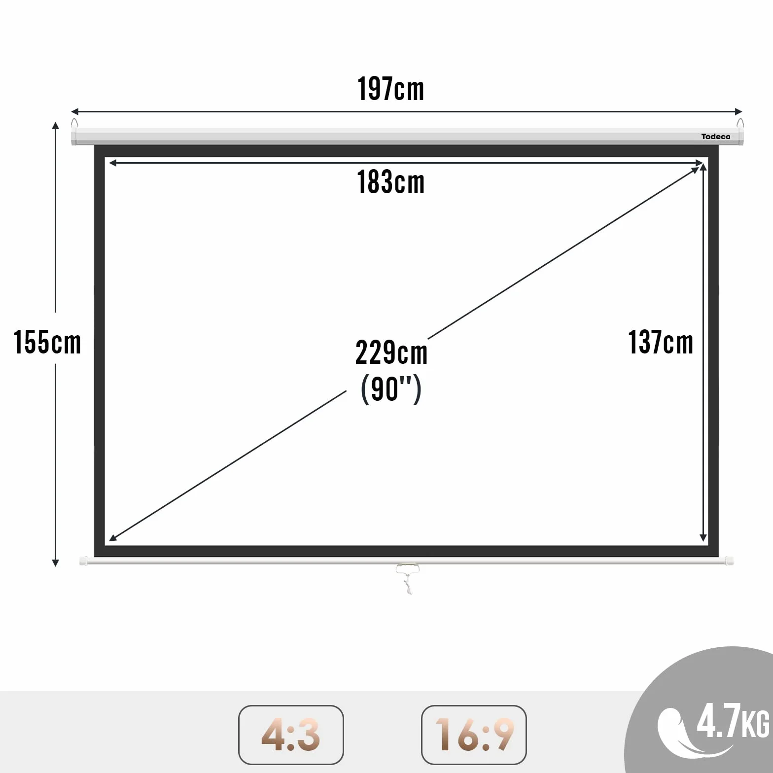 Todeco Écran de Projection 90 Pouces Manuel Enroulable Fixation Mur Plafond Home Cinéma 4:3 HD 4K 3D