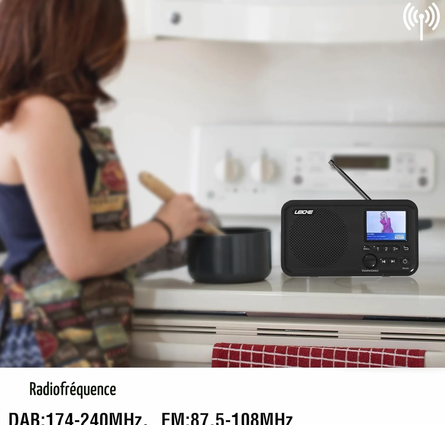 LEICKE Radio Portable avec Bluetooth 5.0 | Radio Dab/Dab+ et FM, écran Couleur 2,4", 80 préréglages, Radio de Cuisine avec câble ou Batterie de 2000mAh, Connexion MicroSD/TF/AUX, Fonctions d'alarme