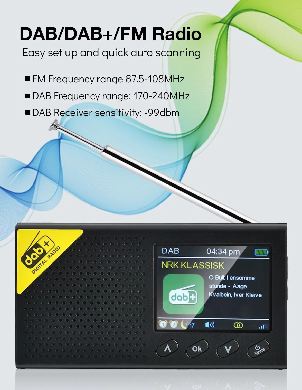 Radio Dab, Dab+ Bluetooth Portable | Batterie Rechargeable ou Alimentation par câble USB-C | 12 Heures de Lecture, Affichage LCD 2.4“, Prise Casque | Double Alarme, FM, 40+ présélections