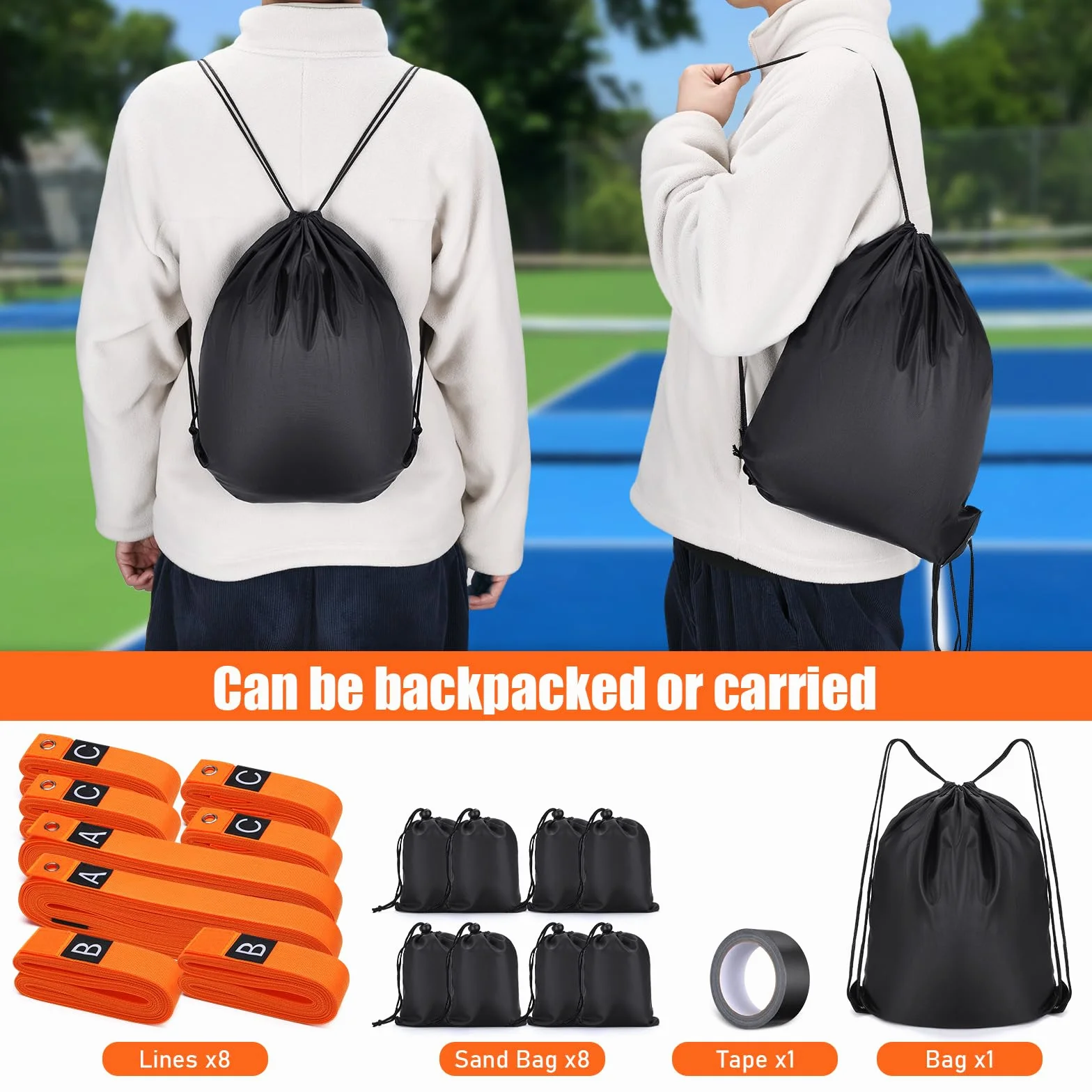 Kit de marquage de terrain de pickleball TOBWOLF, marqueurs de lignes temporaires portables avec ruban adhésif et 8 sacs de sable