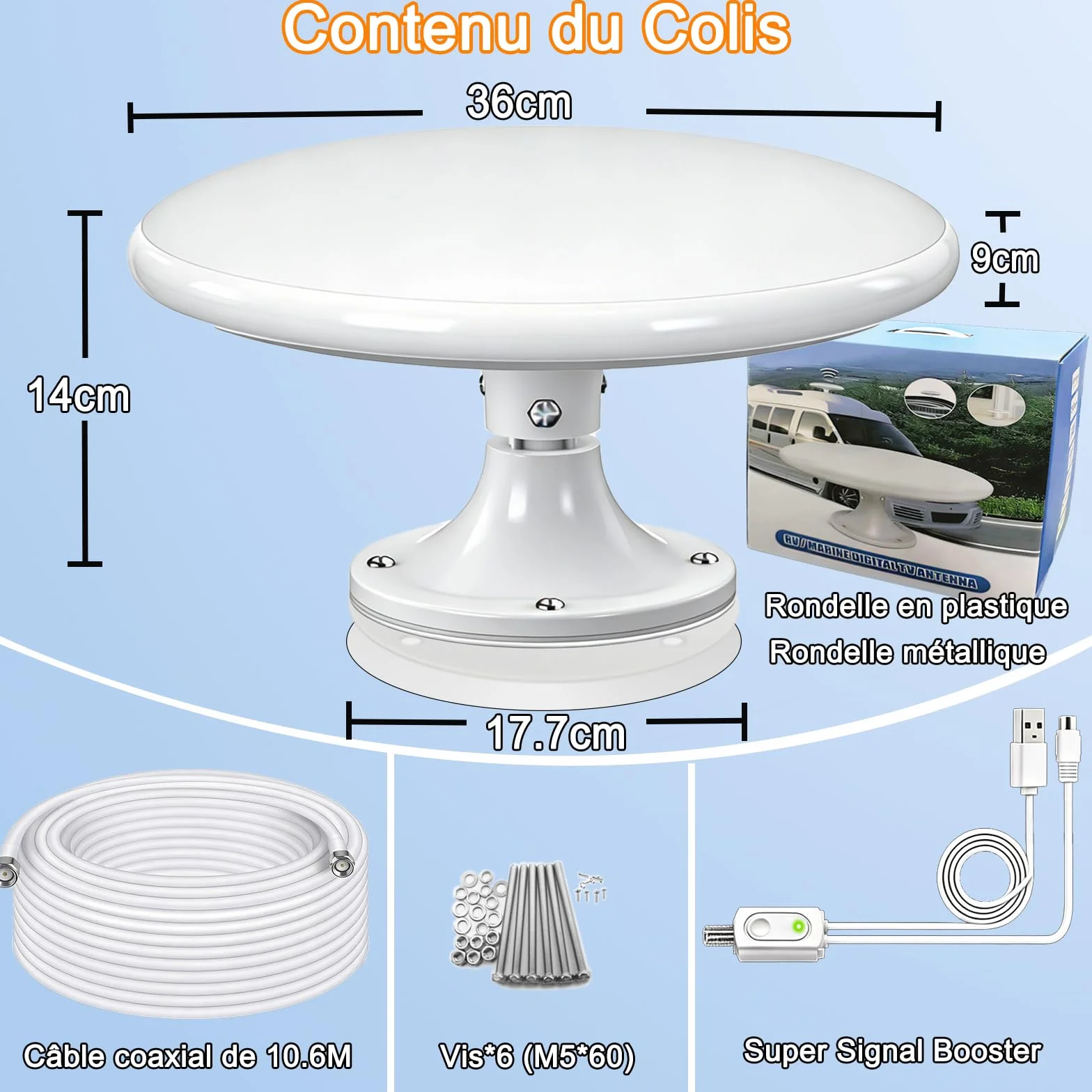 Antenne TV Exterieure Puissante DVB-T/DVB-T2 TNT Omnidirectionnelle 720° pour Camping Car Caravane Van Bateau