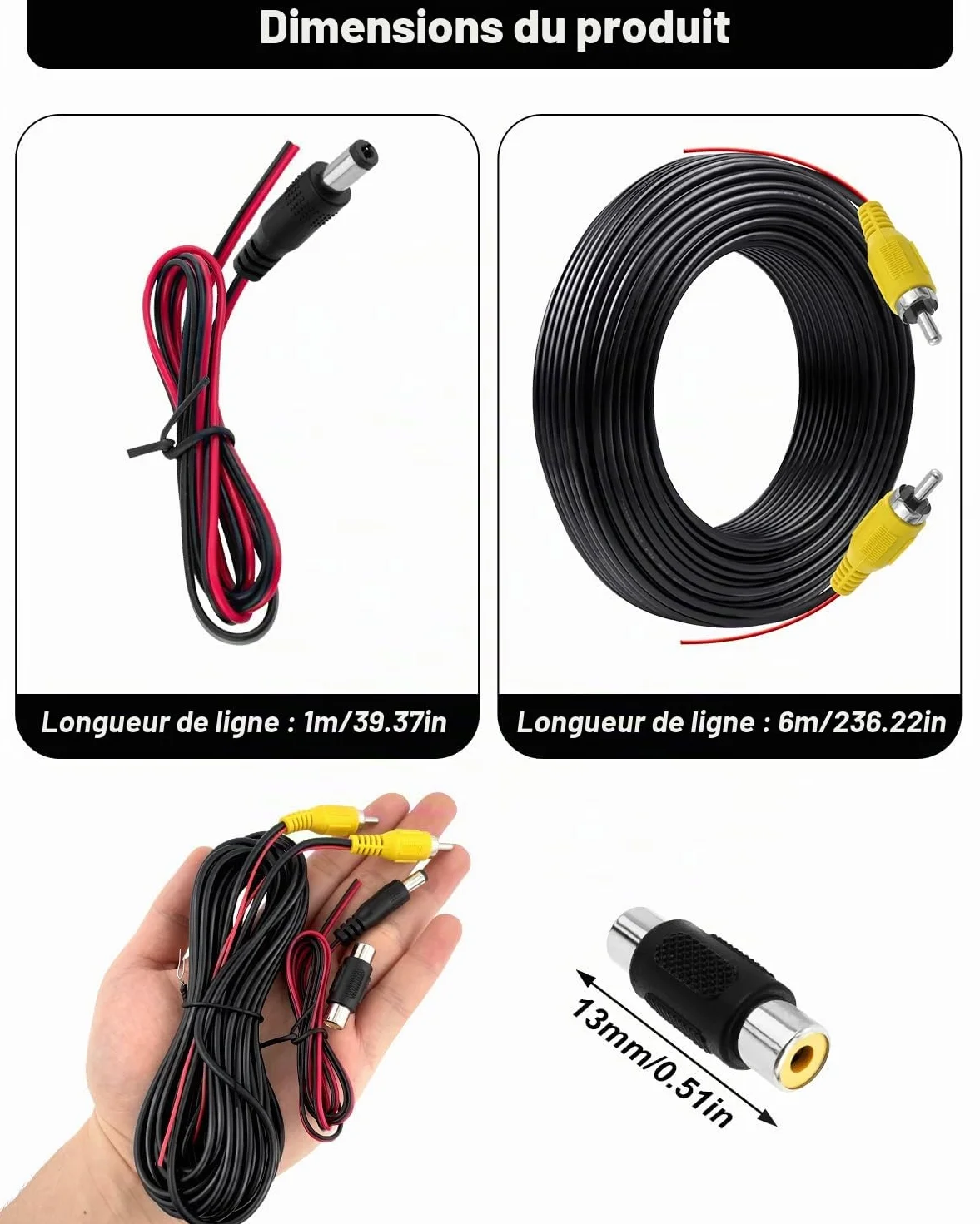 6M Cable Camera de Recul Double Blindage Amélioré pour Connecter Un Moniteur et Caméra de Recul, Vidéo Cable Rallonge Male Male avec 1 Adaptateur RCA Femelle Femelle et 1M d'alimentation DC Extension