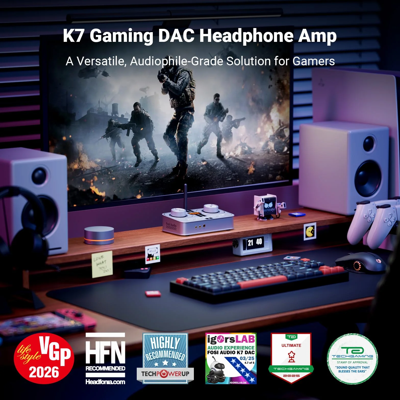 K7 DAC Ampli Casque, Jusqu'à PCM 384 kHz/32 bits, USB C/Bluetooth aptX HD LL/Optique/Coaxial/Entrée Micro, Sortie Symétrique 4,4 mm/3,5 mm/RCA pour PC PS5 Espace de Travail Gaming-Argenté