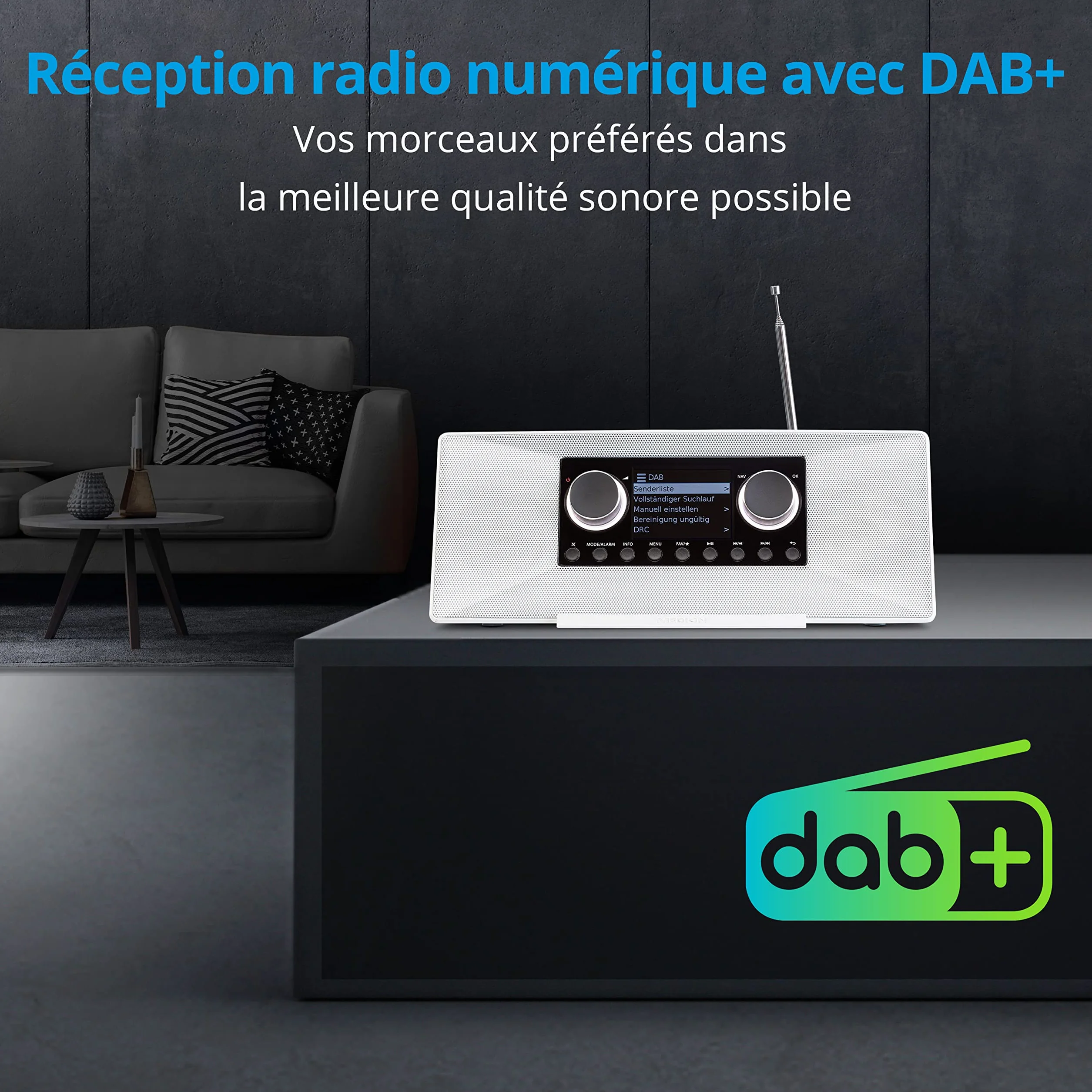 MEDION P85333 Radio Internet avec Dab+ (WiFi, FM, Spotify Connect, Amazon Music, USB, Prise Casque, AUX, Stereo Line-Out Cinch, Sleep Timer) Blanc