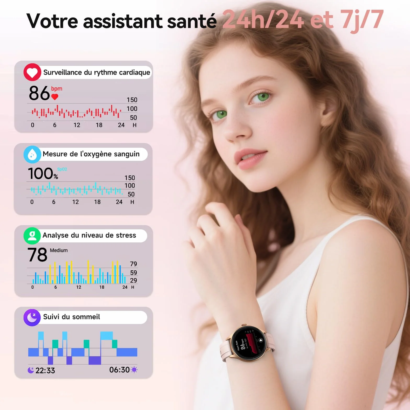 Montre Connectée Femme Smartwatch 1.57" Appel Bluetooth Surveillance Fréquence Cardiaque Sommeil 3ATM étanche 120+ Modes Sport Podometre