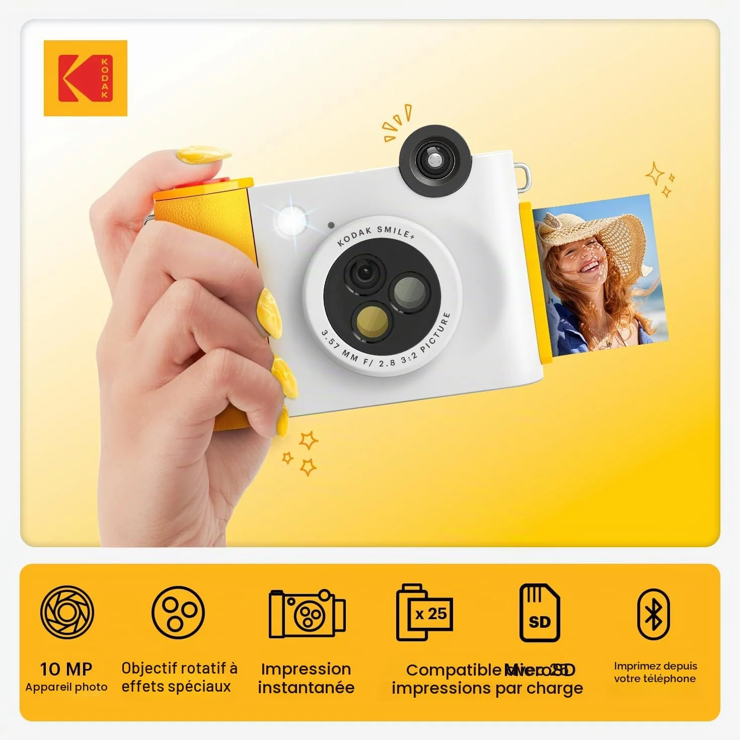KODAK Smile+ 2 in 1 Appareil Photo numérique instantané et imprimante Photo sans Fil Bluetooth, 2x3 (5,1x7,5 cm), 10 MP, Objectif Rotatif à Effets spéciaux, Photos à Dos adhésif, Blanc