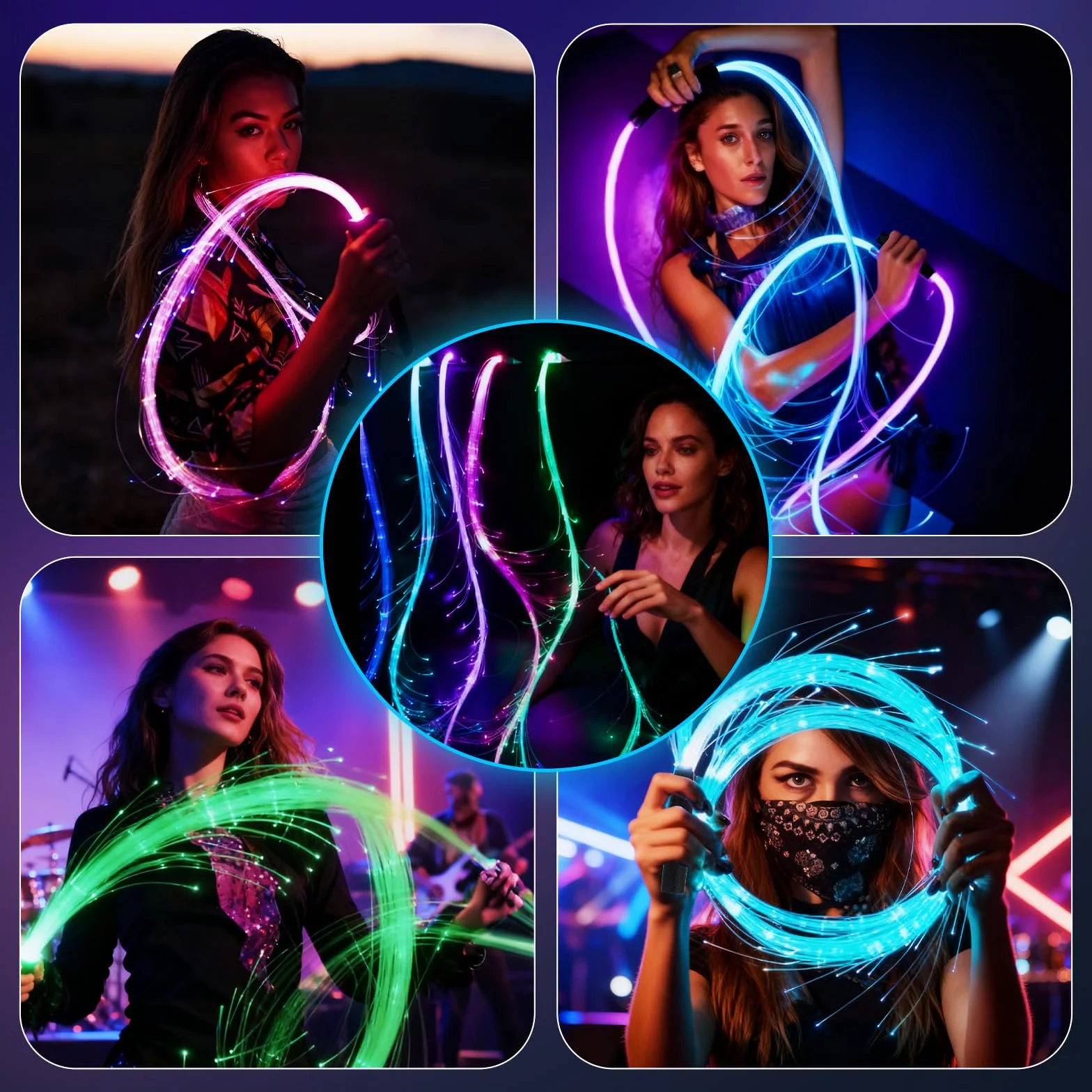 BigKing LED Light Whip Fouet à LED en fibre optique 7 couleurs 4 modes d'éclairage pivotant 360° pour fête festival musique danse