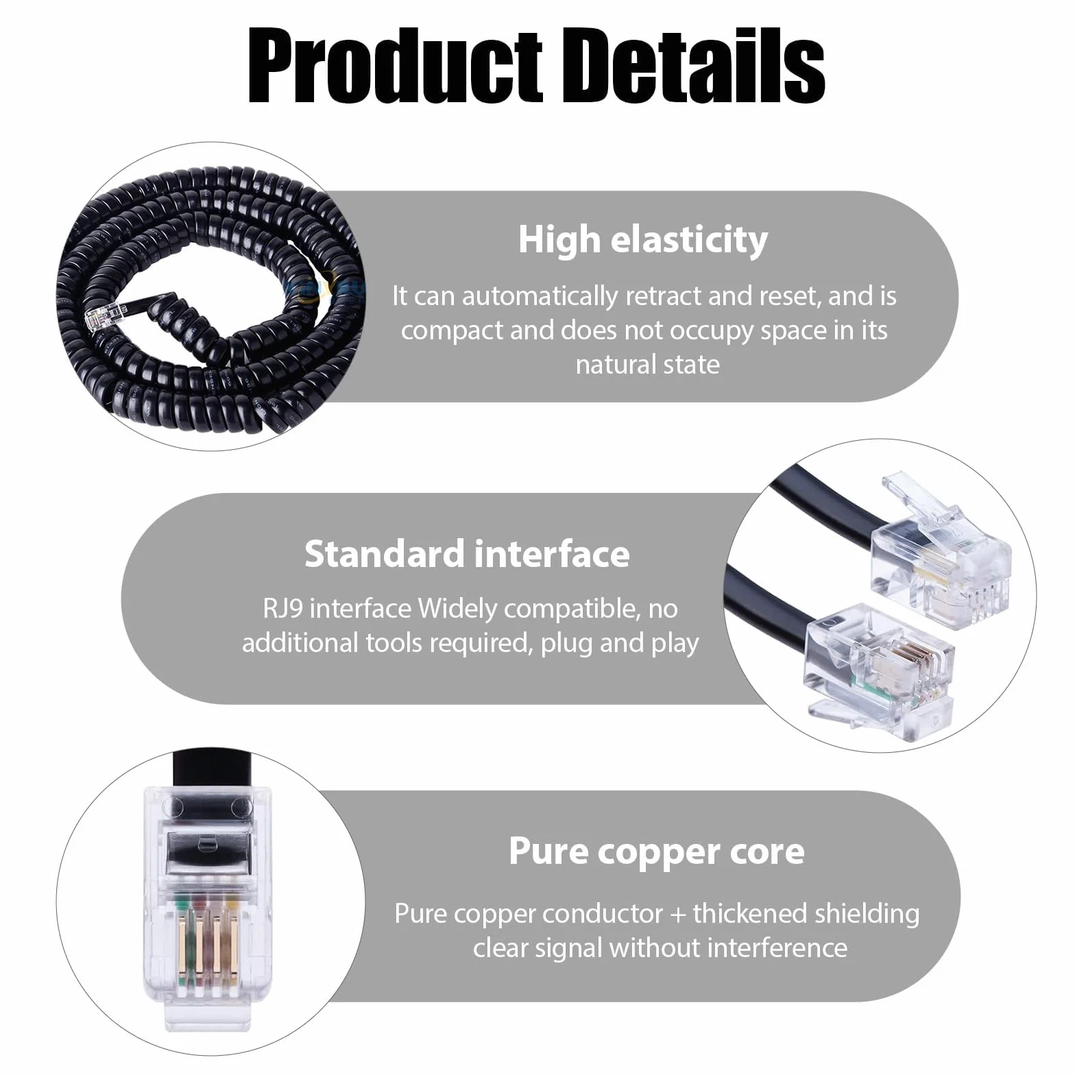 5m RJ9 Câble Téléphonique Incurvé à Ressort en Spirale, 4P4C Câble pour Combiné de Téléphone Fixe, pour Combiné Téléphonique Bureau et Maison, Cable Telephone Fixe Noir, Cordon Telephone Fixe