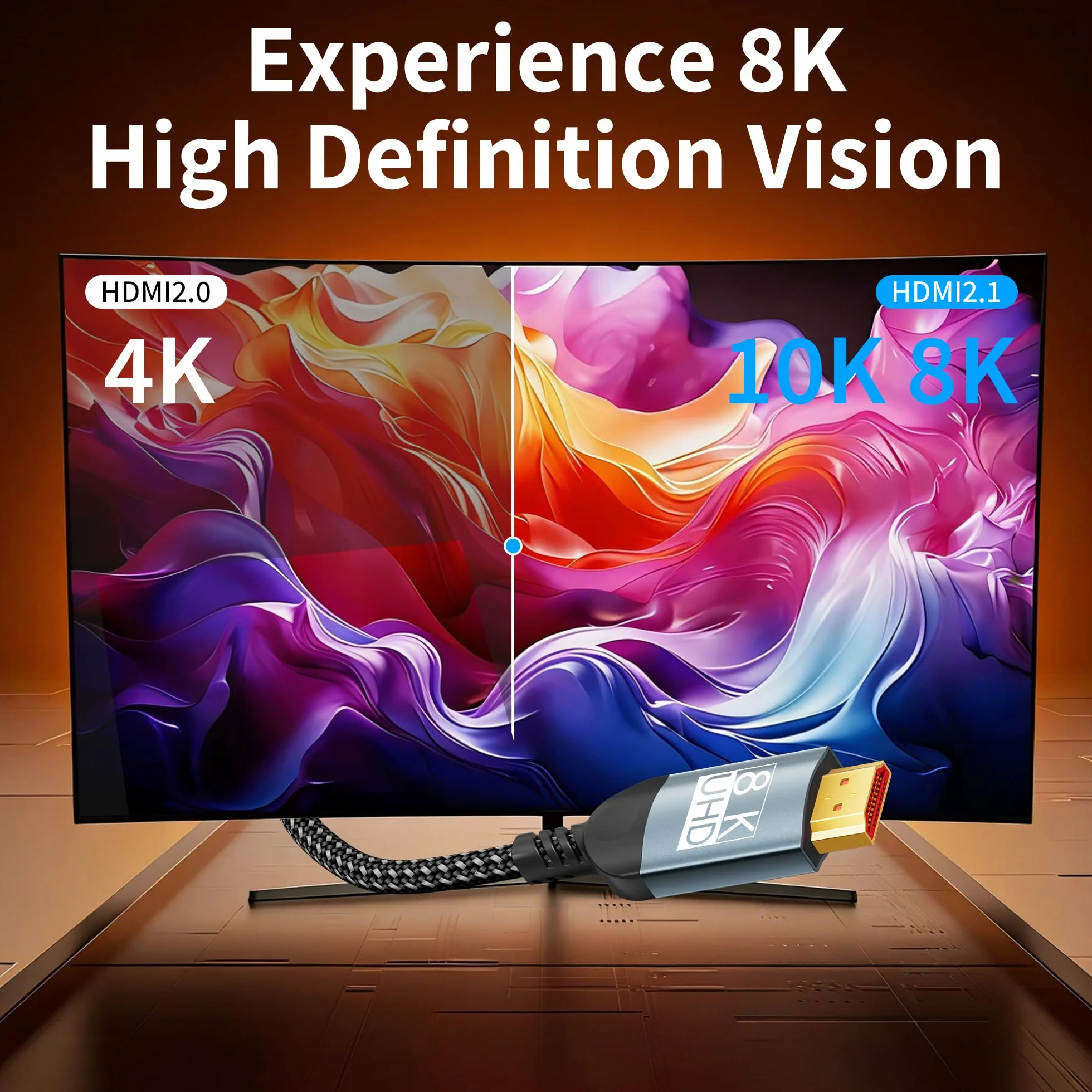 Câble HDMI 2,5m 10K 8K,câble HDMI ultra haute vitesse 10K 8K@60 Hz 4K@240 Hz,compatible HDMI 2.1,HDR10+,eARC,3D,HDCP 2.2 et 2.3,VRR,DTS:X,compatible avec PS5/4,Xbox,TV HD,PC,moniteur,projecteur