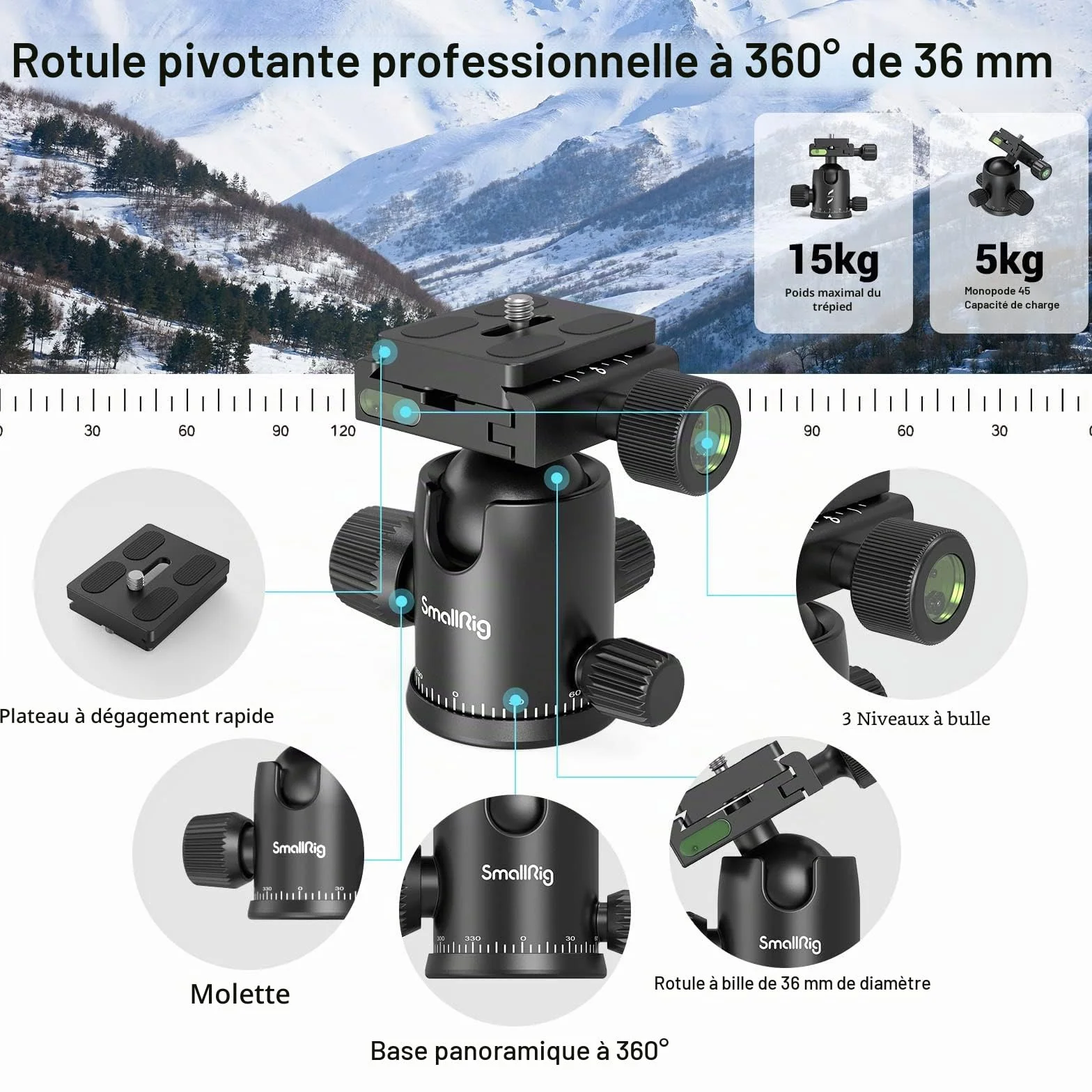 SMALLRIG Trépied Monopode pour Appareil Photo, 72" 182cm Trépied en Aluminium Léger et Portable, Rotule Panoramique à 360° Plaque à Dégagement Rapide, Charge Max 15kg, Réglable de 17" à 72" - 3935