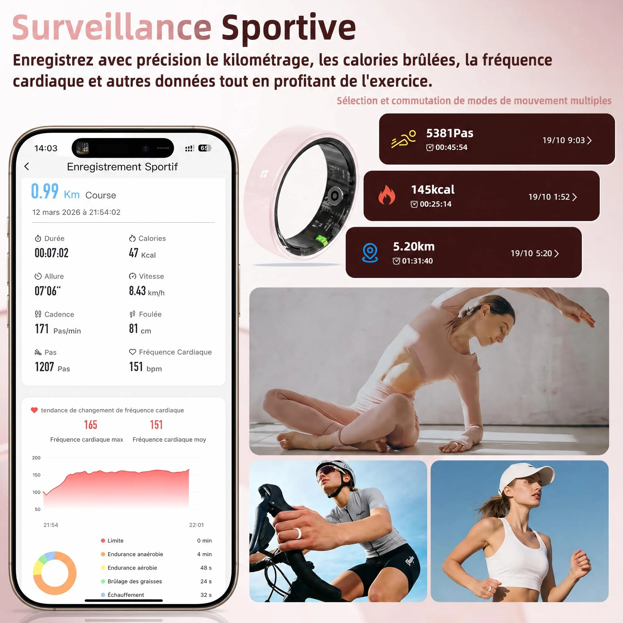 Bague Connectée Femme en Céramique – Suivi du Sommeil, Fréquence Cardiaque, Multi-Sports, Étanche 5ATM