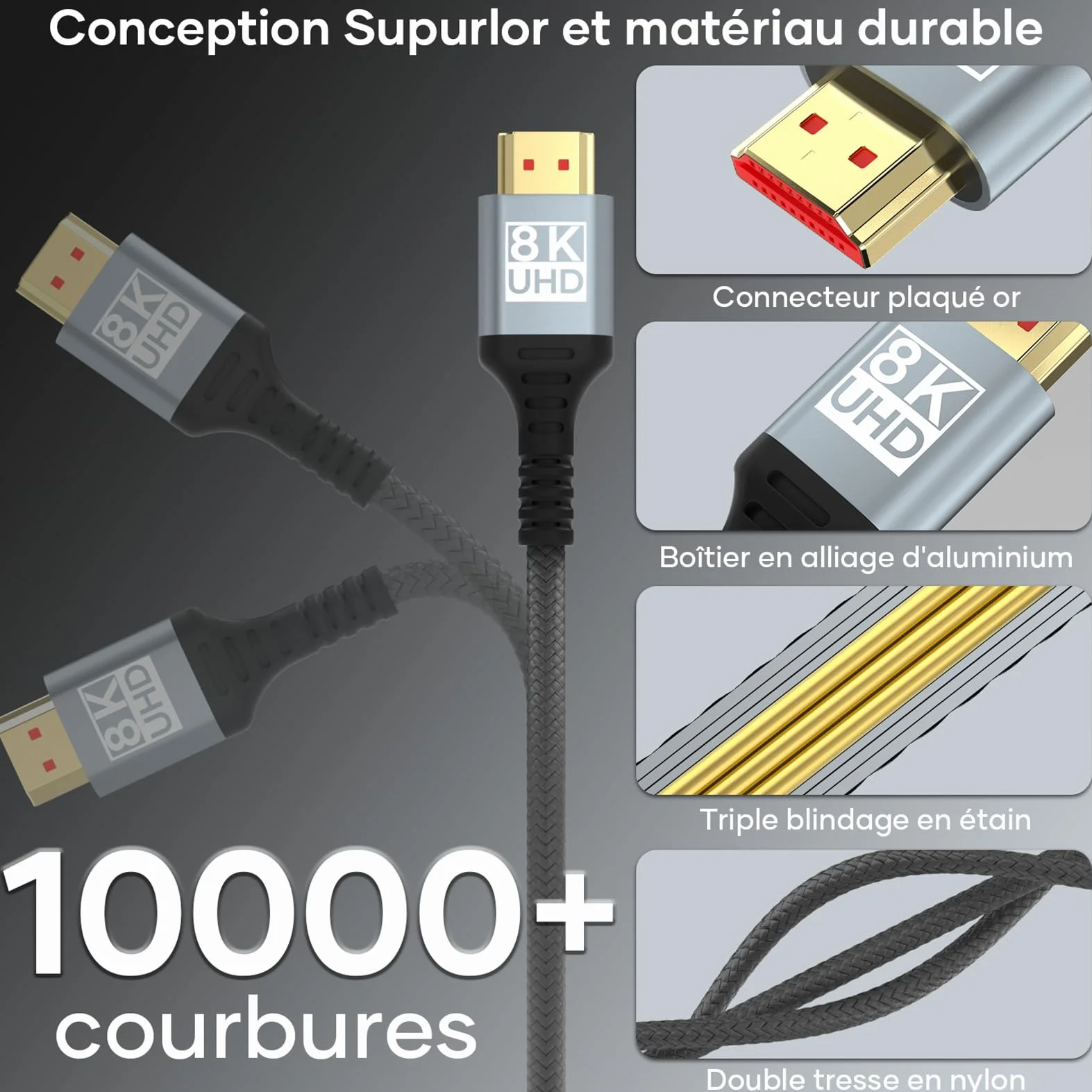 Câble HDMI 2.1 5Mètres 10K 8K Ultra Haute Vitesse 4K@120Hz HDR10 eARC HDCP 2.2 & 2.3 Compatible PS5 X-Box HDTV