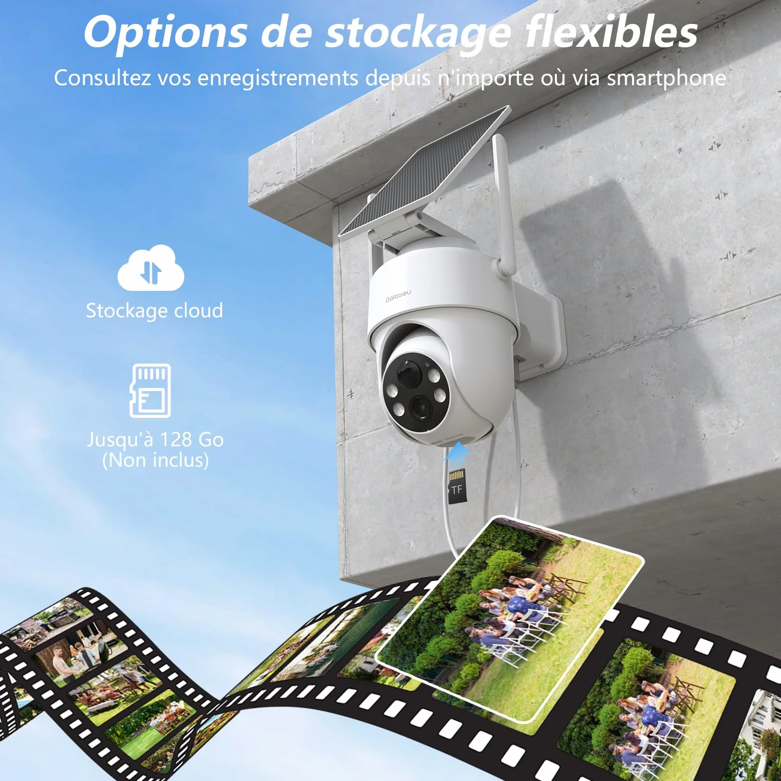 GALAYOU Camera Surveillance WiFi Exterieure sans Fil Batterie 2K Panneau Solaire 2,4GHz Alerte PIR Vision Nocturne Audio Bidirectionnel