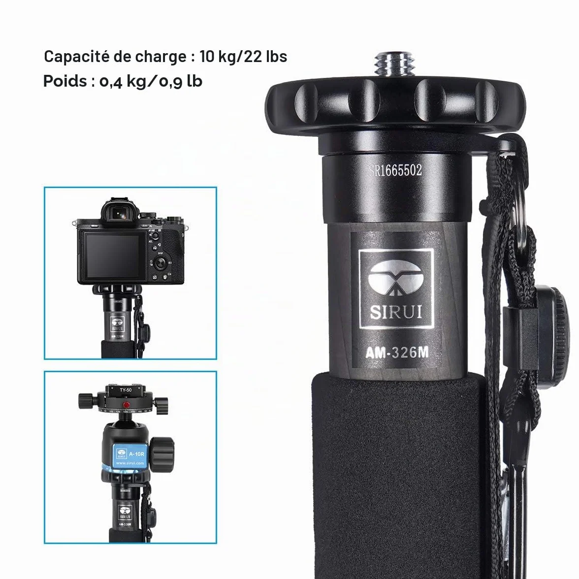SIRUI Monopode Appareil Photo en Fibre de Carbone,6 Sections Monopode Portable, Monopod de Voyage Charge Maximale 10KG (AM-326M,Noir)