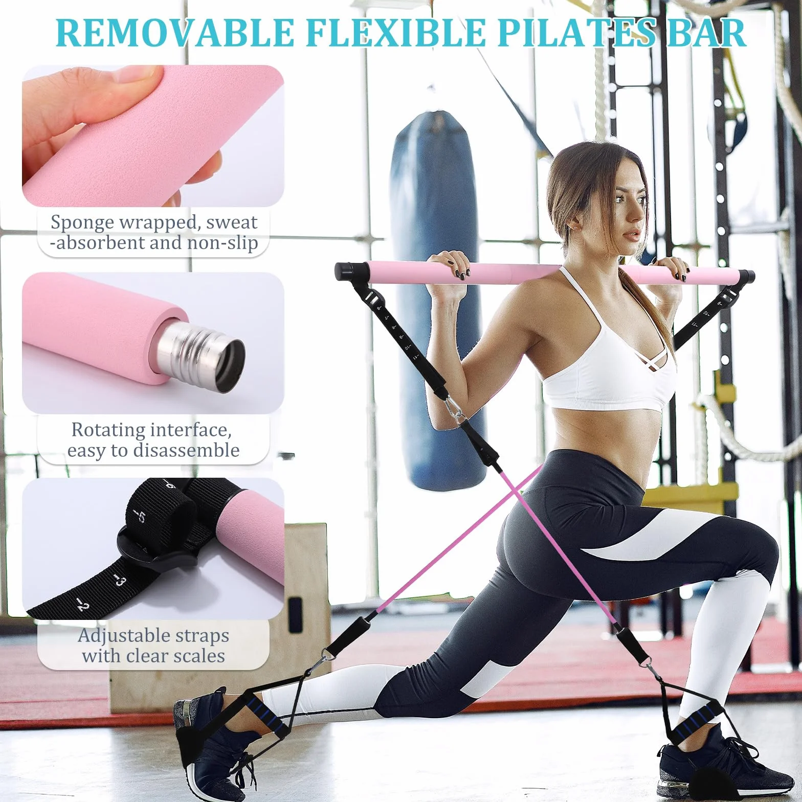 Kit Barre de Pilates avec 6 Bandes de Résistance Élastique, Musculation pour Homme et Femme, Yoga Fitness