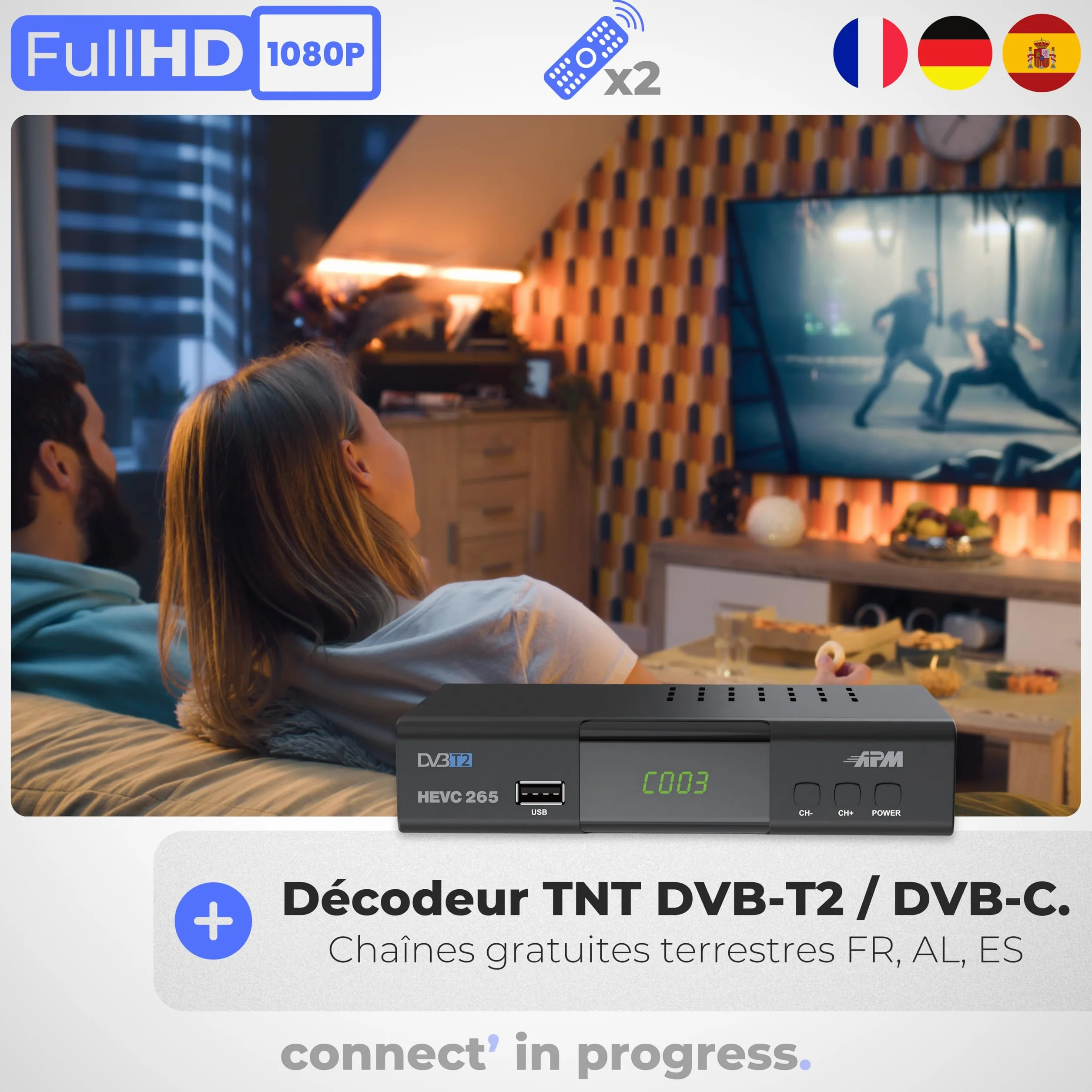 APM Décodeur TNT Full HD 1080p H.265 HEVC DVB-T2 DVB-C HDMI Péritel USB Coax