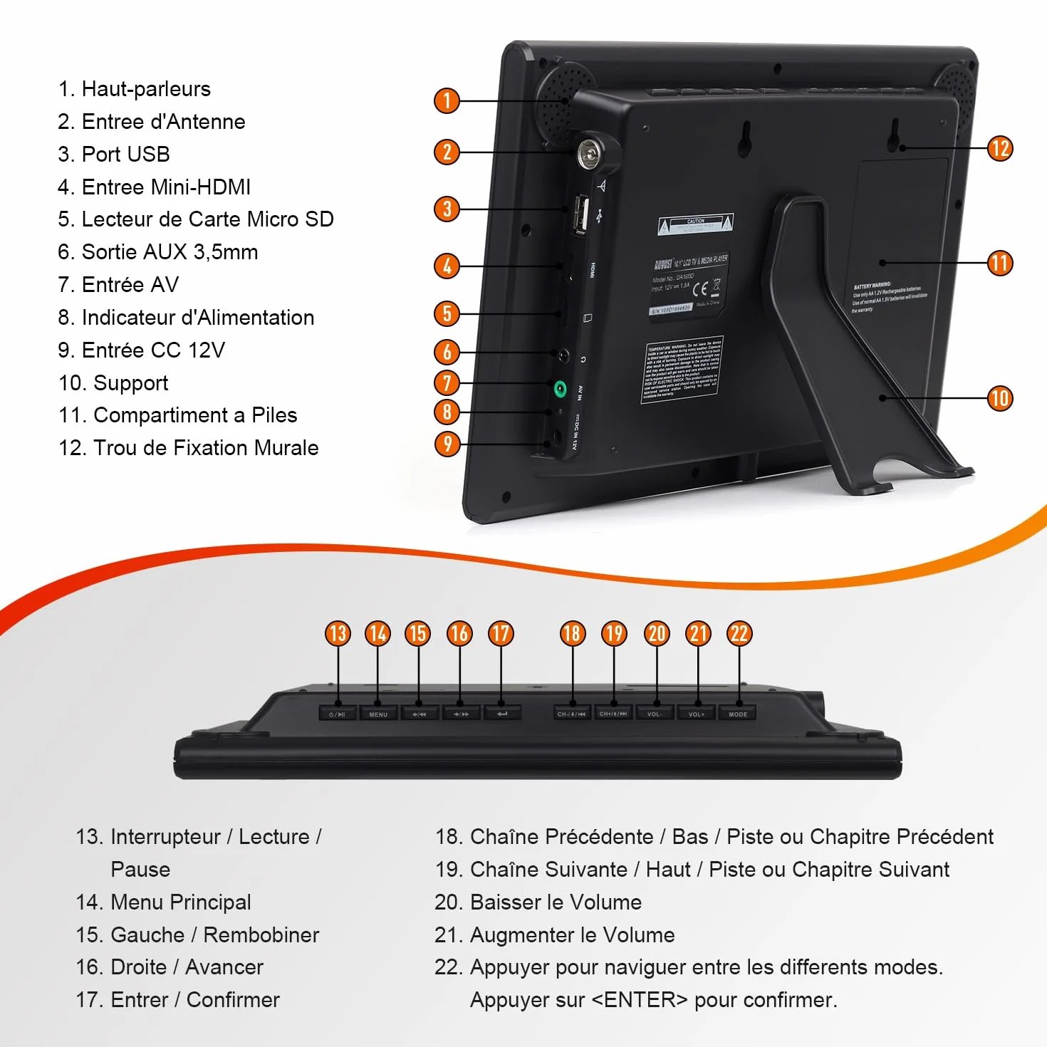 August DA100D Téléviseur Portable 10" TNT HD Enregistreur Intégré HDMI USB AV Camping Caravane
