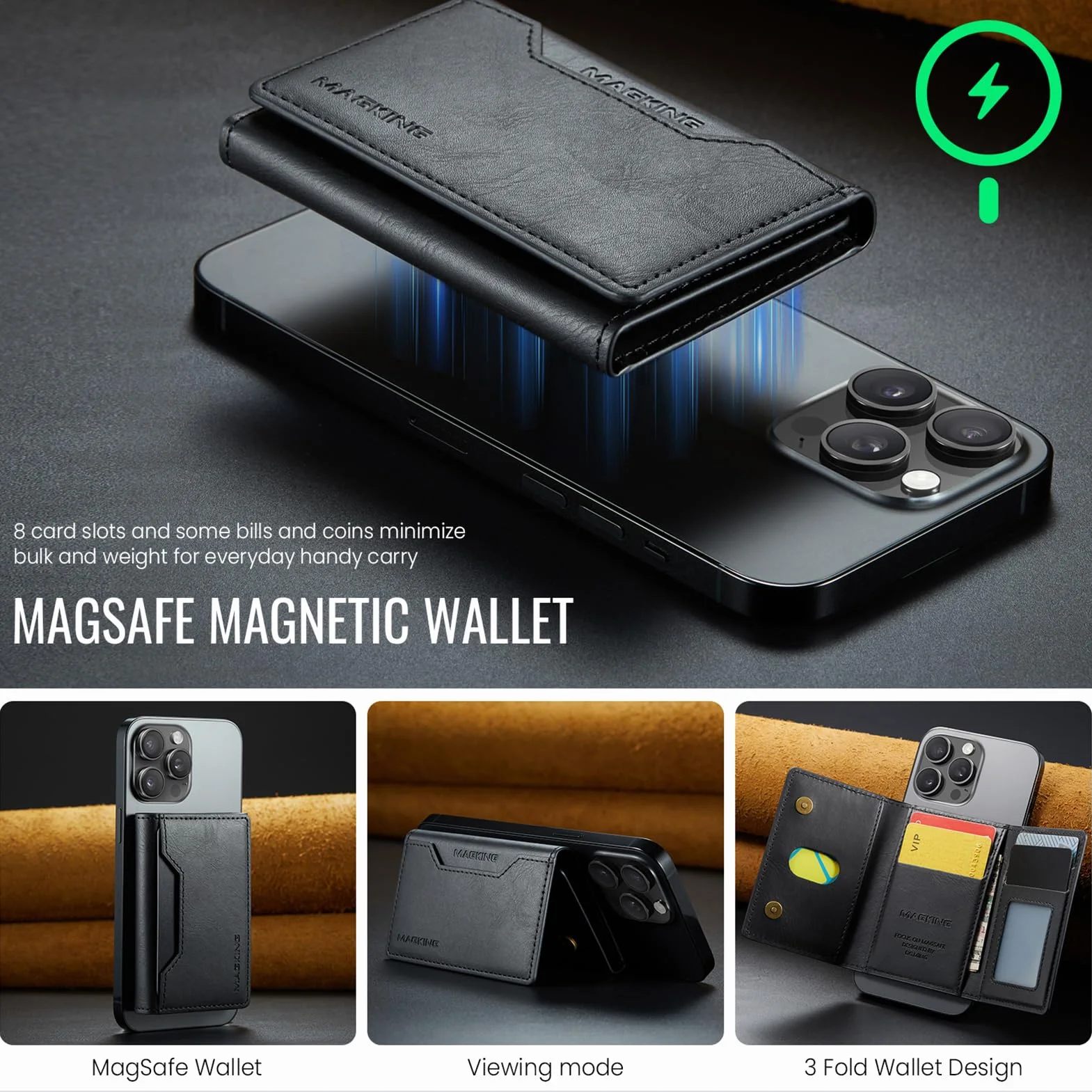 Portefeuille Cuir PU RFID 8 Cartes pour iPhone 17/16/15/14/13/12 Marron