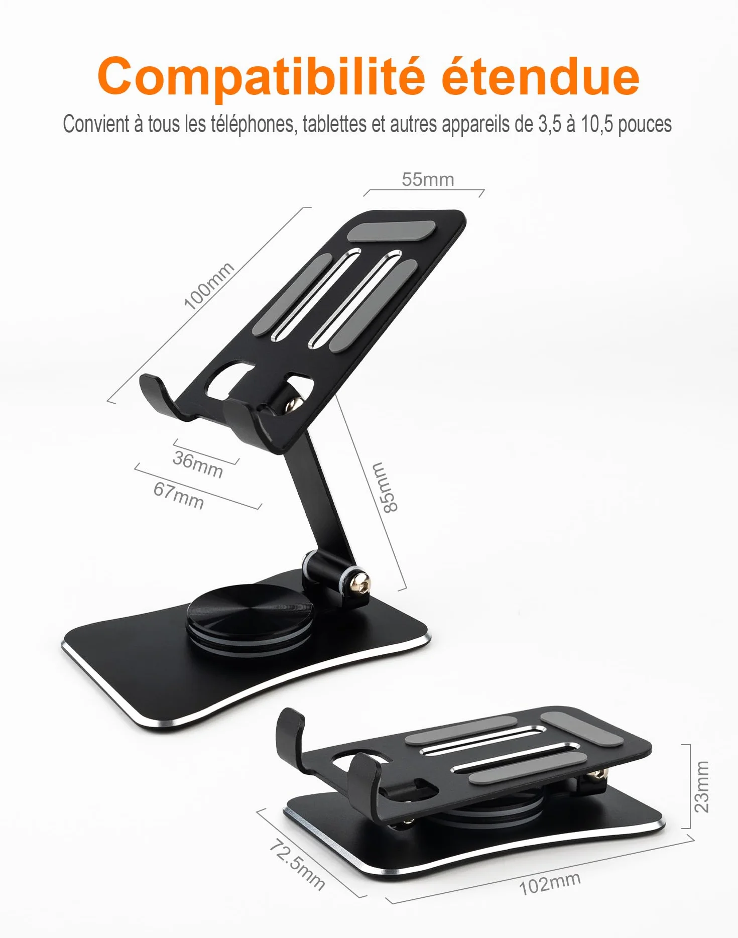 GRIFEMA GB1055 Support Téléphone et Tablette de Bureau Pliable, Rotatif 360°, Ajustable, Alliage d'Aluminium, Compatible 3,5–10,5''