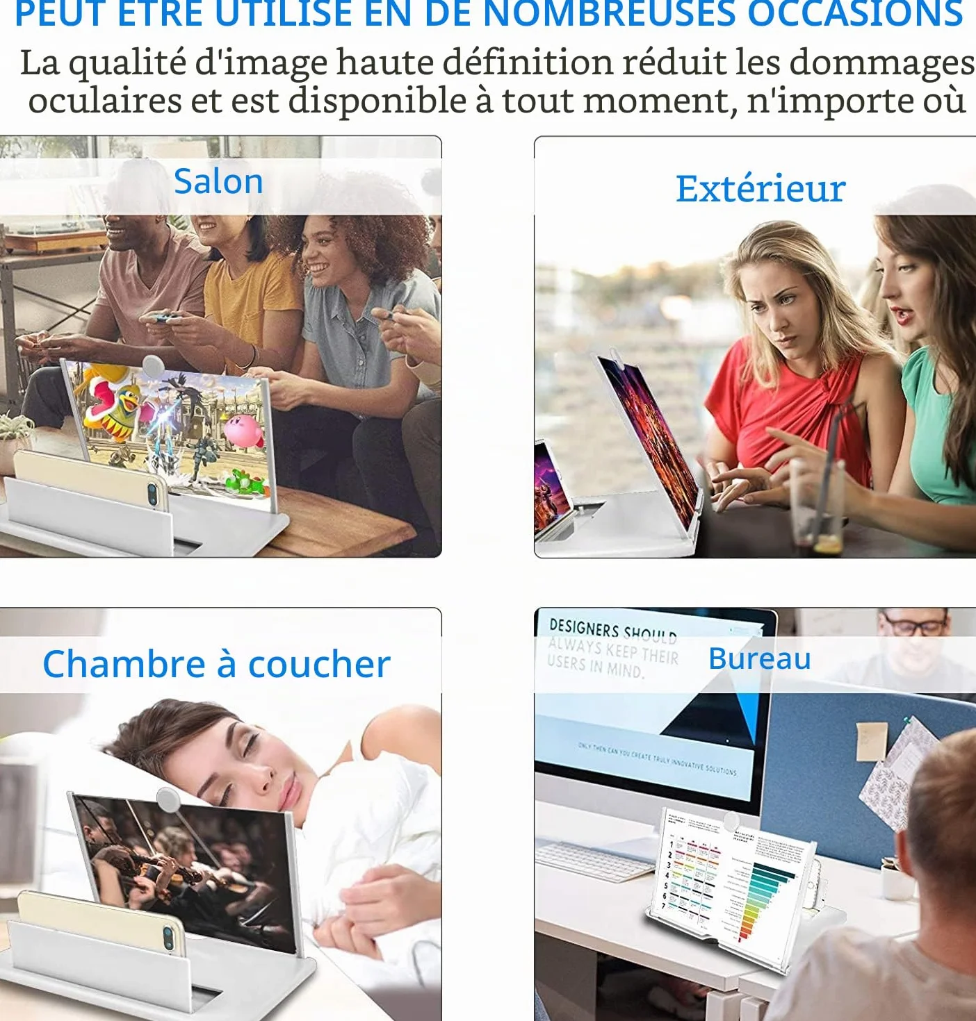 Amplificateur d'écran Lumineux de 14 Pouces, loupe d'écran Anti-Bleu 3D HD pour téléphone Portable, Support Pliable Portable pour Films, vidéos et Jeux, Compatible avec Tous Les Smartphones (Blanc)