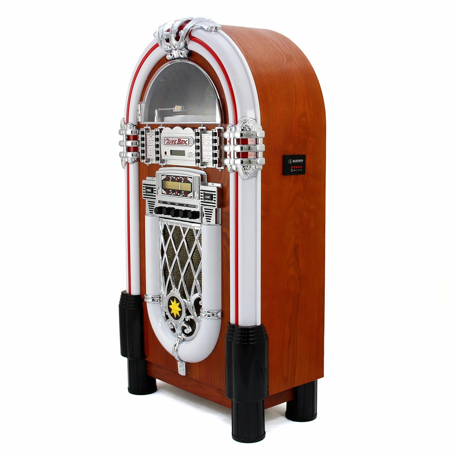 Jukebox Style Rétro Années 50 avec Éclairages LED Couleurs Changeantes, Bluetooth, AUX, Lecteur CD, Radio AM/FM