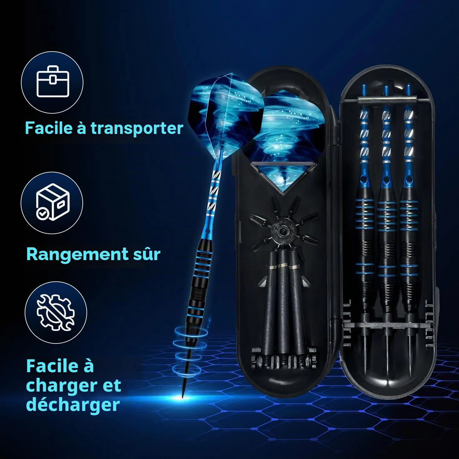 Lot de 3 fléchettes professionnelles à pointe en acier 22 g avec ailettes, tiges aluminium, étui