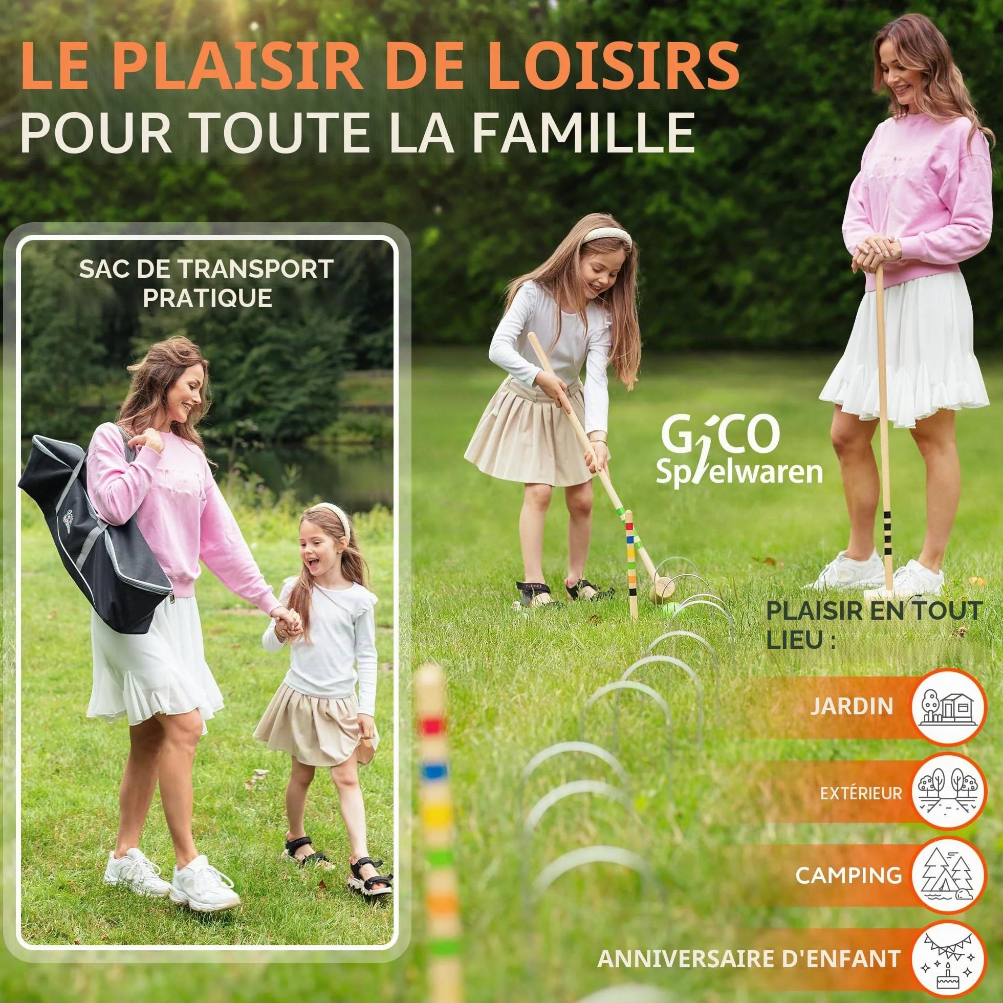 GICO Jeu de Croquet 6 Joueurs Maillets Taille Adulte 100 cm Sac de Transport