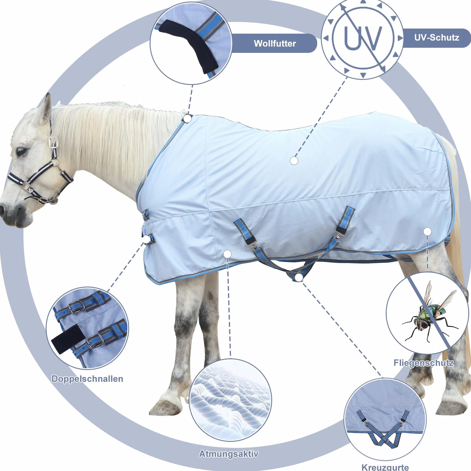 Couverture anti-mouches pour chevaux respirante UV anti-grattage Bleu ciel