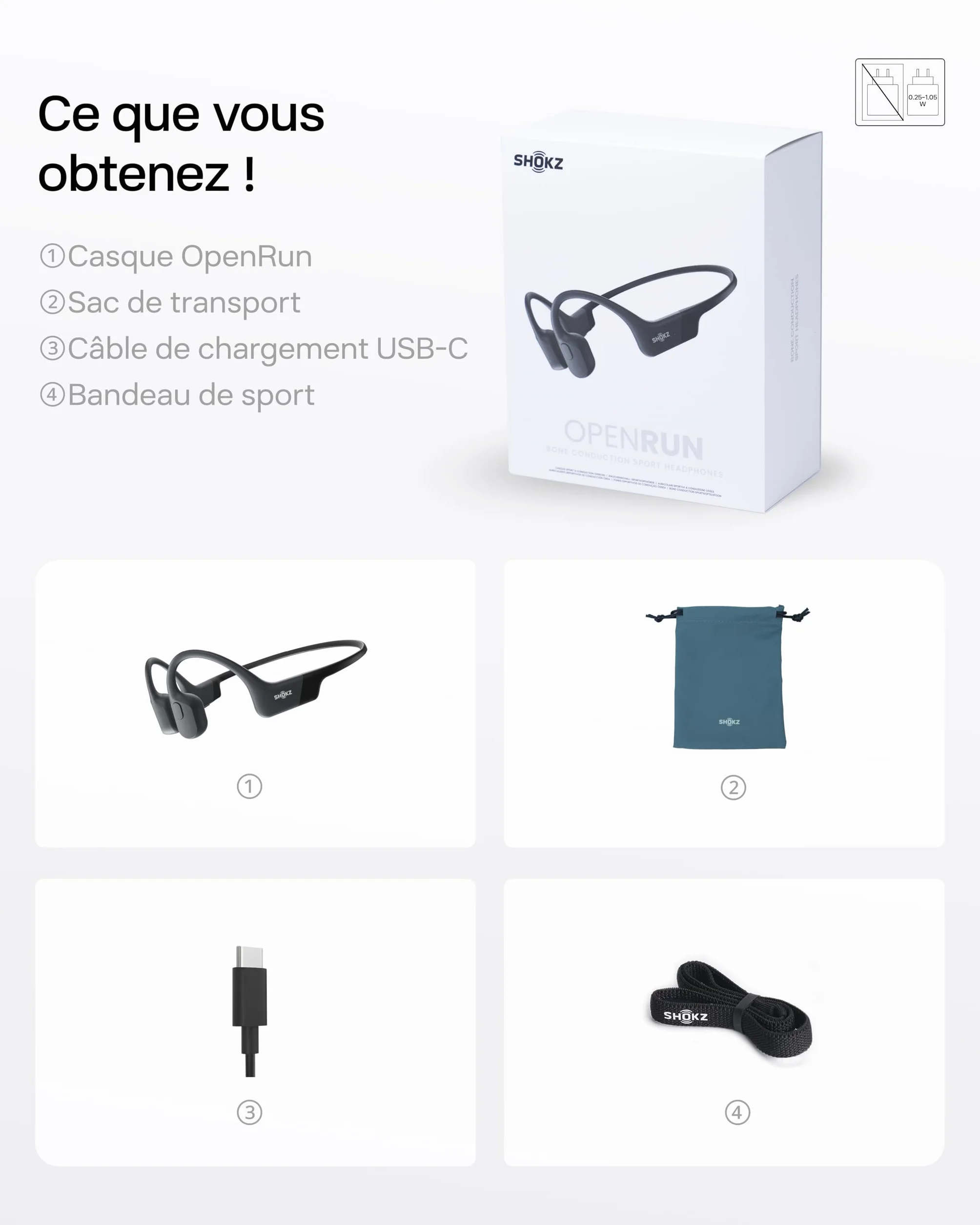 SHOKZ OpenRun Casque à Conduction osseuse, écouteurs Bluetooth Oreilles Libres pour Le Sport avec Micro, Casque sans Fil étanche IP67, 8 Heures d'autonomie, USB-C, Bandeau de Sport, Noir