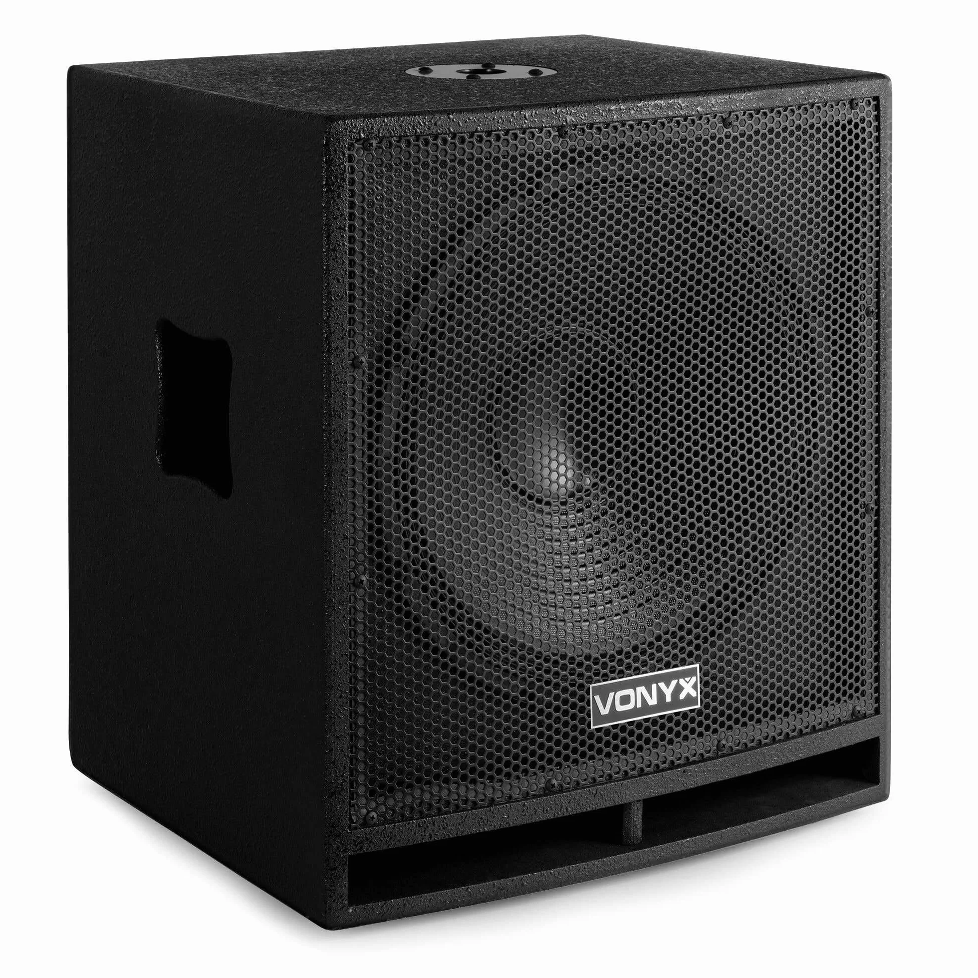VONYX SWP15 Caisson de Basse Actif 800W, Phase Réglable, Entrée/Sortie XLR + RCA, Amplificateur Intégré, Insert sur la Face Supérieure pour Enceinte Active, Grave 15", Idéal pour DJ Mobile