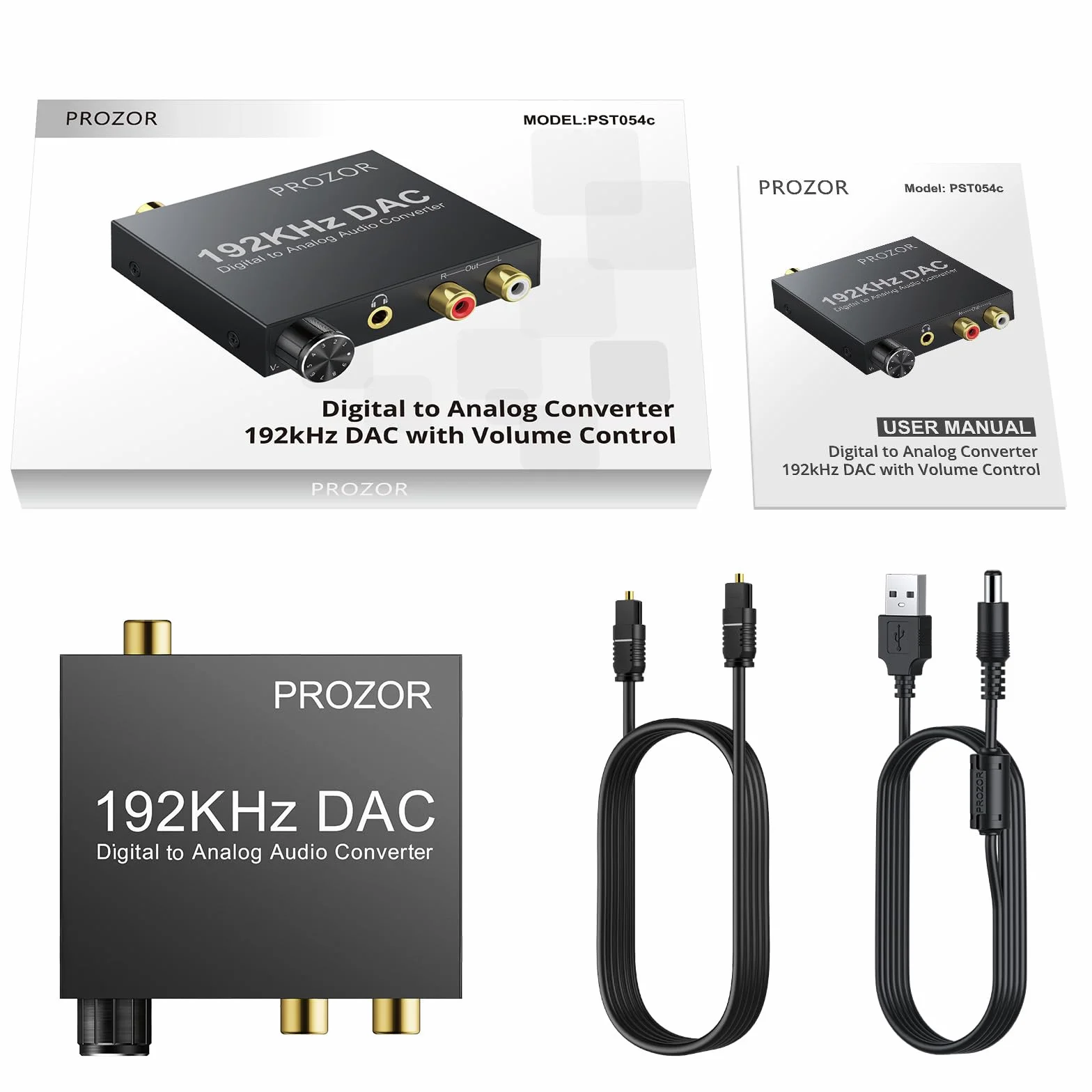 PROZOR DAC Convertisseur Numérique SPDIF Toslink vers Analogique Audio Stéréo RCA 3,5mm Adaptateur Volume Réglable