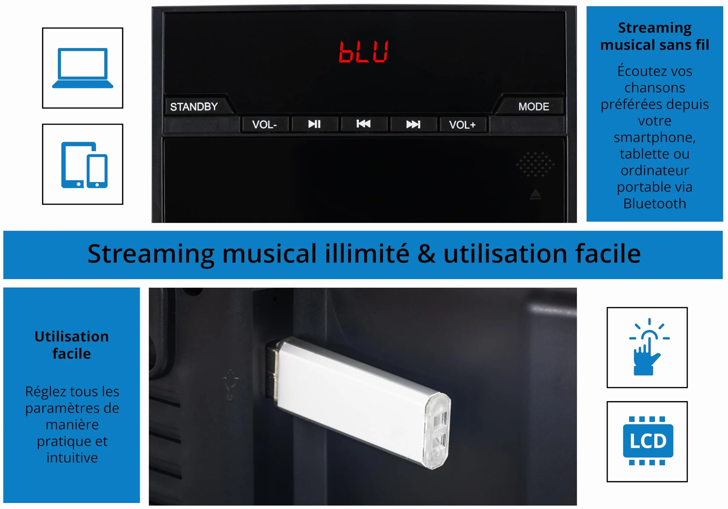 McGrey MCD-60 Système Stéréo Vertical - Hi?FI Compact Gain de Place avec Lecteur CD/MP3, Emplacement USB, Streaming Bluetooth & Radio FM/AM - Entrée AUX, Télécommande, 2X 3 Watt RMS - Noir