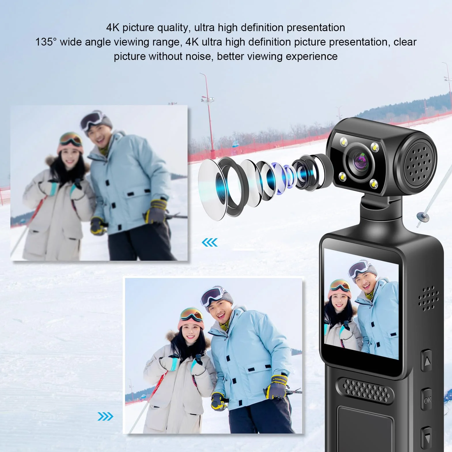 Topiky Caméra d'action WiFi 4K HD, 180 ° Rotatif 4K HD WiFi Camcommande de Poche, Caméra Corporelle avec Enregistrement Audio et Vidéo, Caméscope usé pour Les Voyages Sportifs en Plein