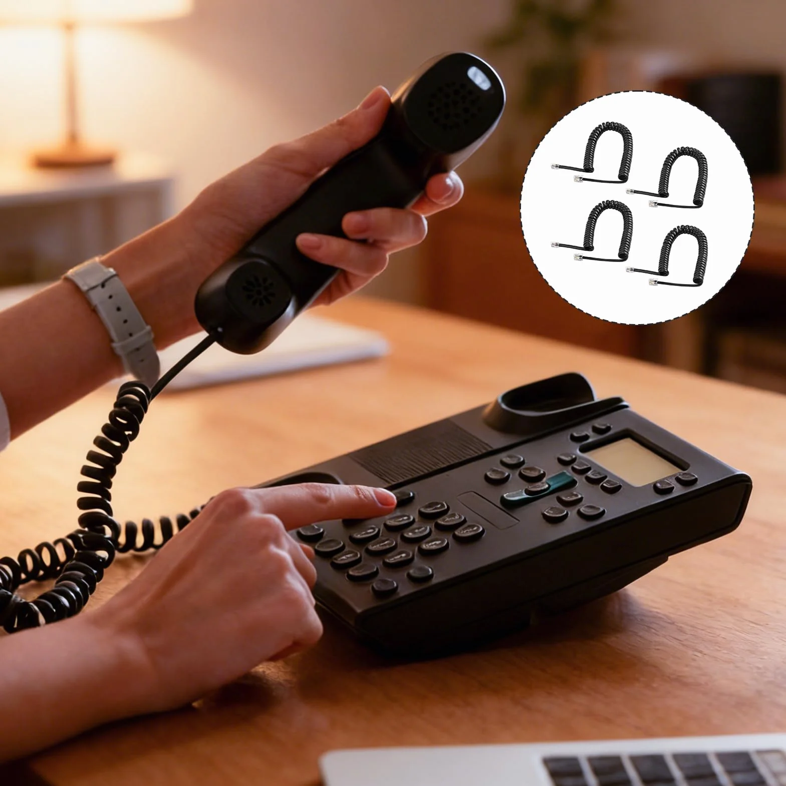 Lot de 4 Câble Téléphonique RJ9 4P4C Spiralé 5m Étendu Câble Combiné Téléphone Fixe Noir Fil de Remplacement pour Téléphone Bureau Maison Standard Universel Compatible Téléphones Fixes et Combinés