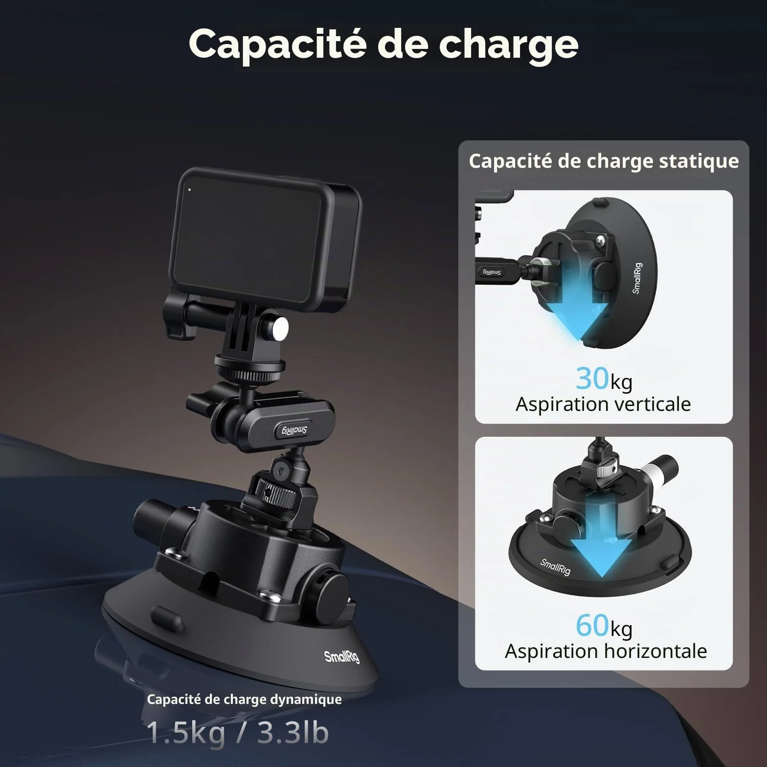 SMALLRIG Support à Ventouse 4,5" avec Bras Articulé à Rotule, Compatible avec Les Caméras d'action DJI Osmo Action 6/5 Pro/4, Insta360 x5 et GoPro 13/12, Charge Maximale 1,5 kg - 5855B