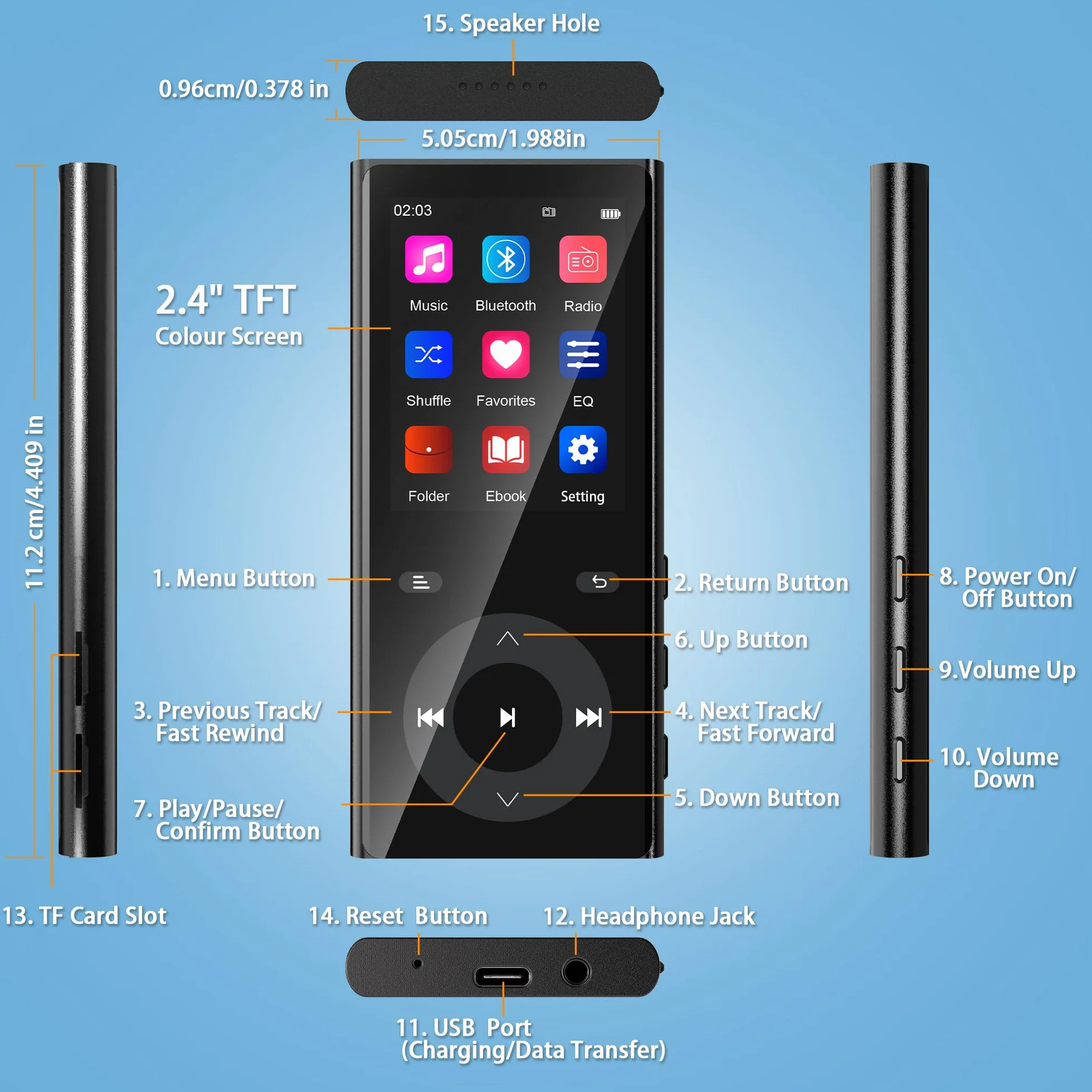 Lecteur MP3 Bluetooth 5.3, MP3 Player avec 2 Emplacements pour Cartes TF, Écran Couleur 2,4", Bouton Tactile, Haut-Parleur, Son HiFi, Jusqu'à 256 Go